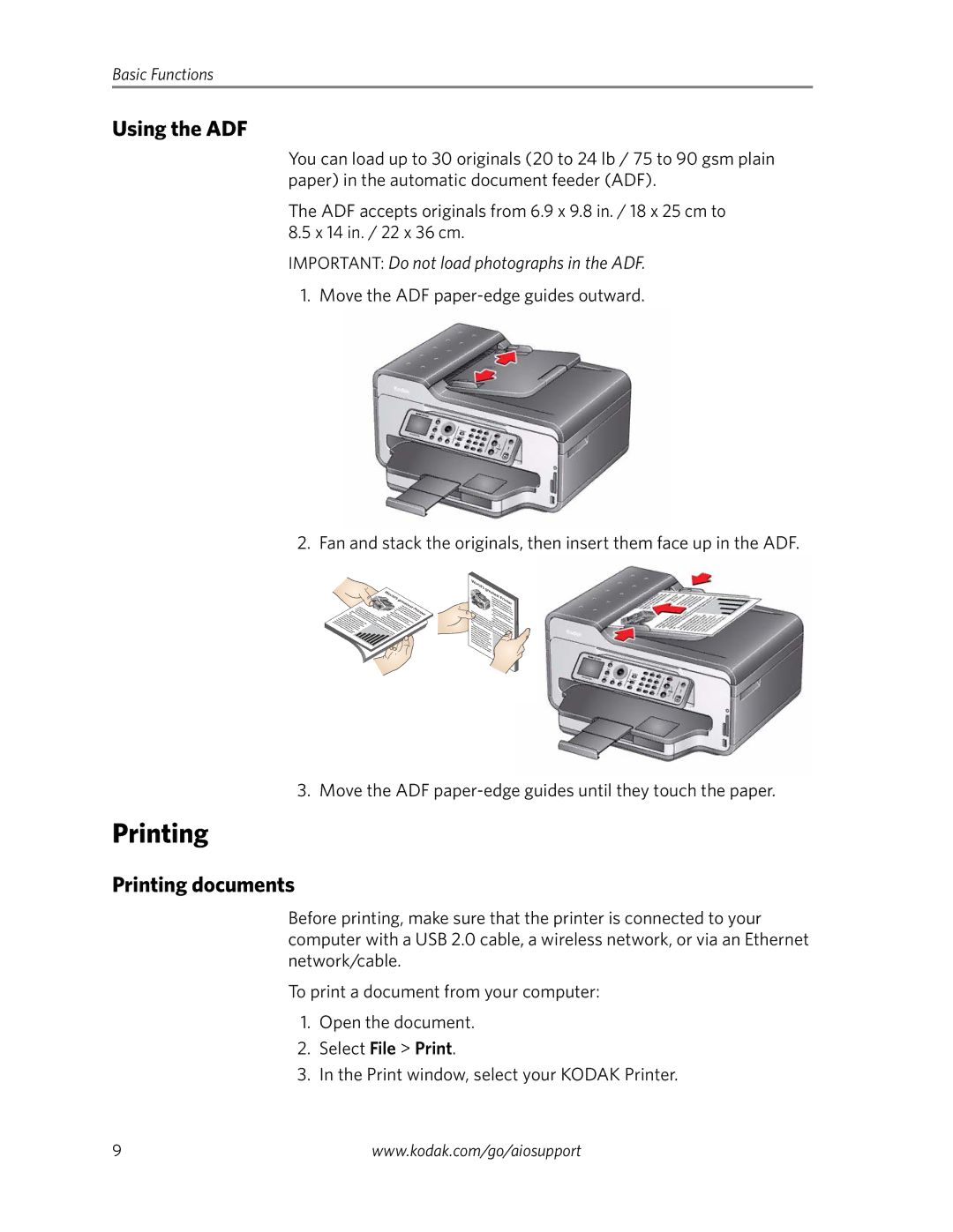 Kodak 9200 manual Using the ADF, Printing documents 