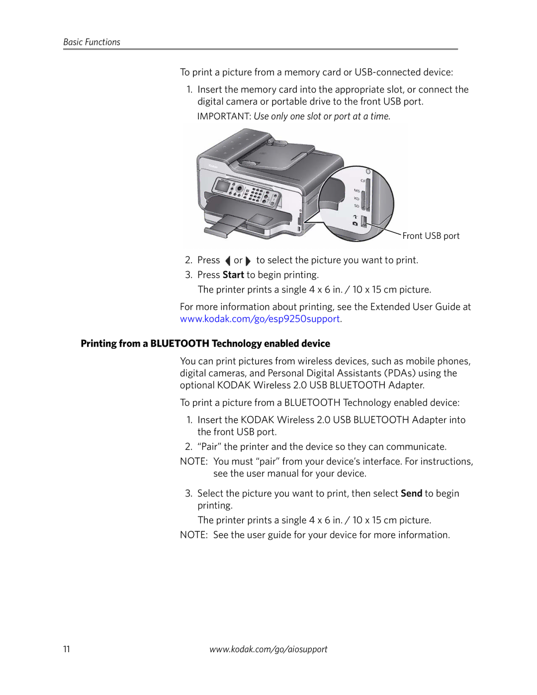 Kodak 9200 manual Important Use only one slot or port at a time, Printing from a Bluetooth Technology enabled device 