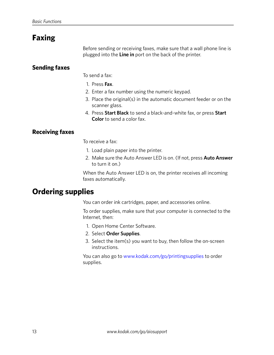 Kodak 9200 manual Faxing, Ordering supplies, Sending faxes, Receiving faxes, Select Order Supplies 