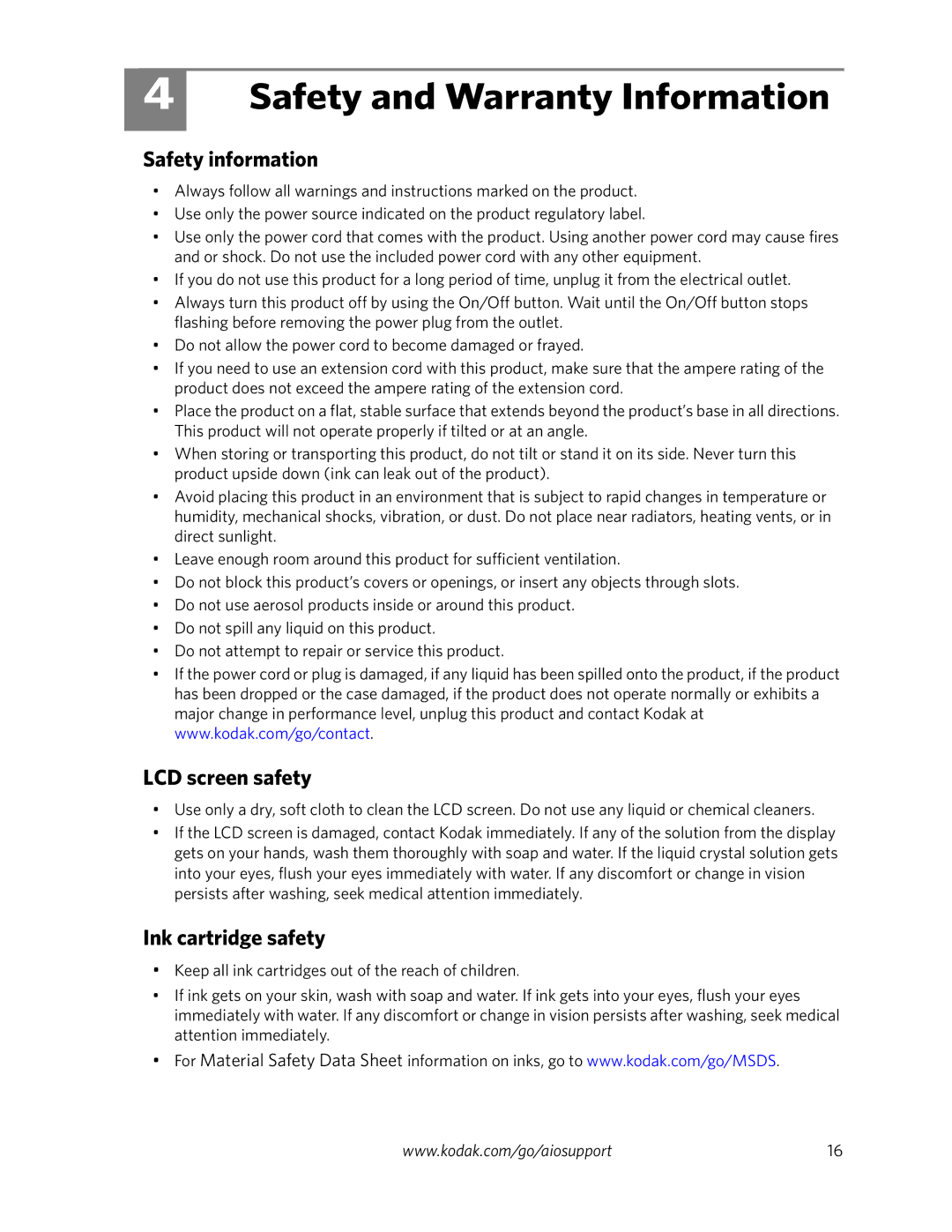 Kodak 9200 manual Safety and Warranty Information, Safety information, LCD screen safety, Ink cartridge safety 