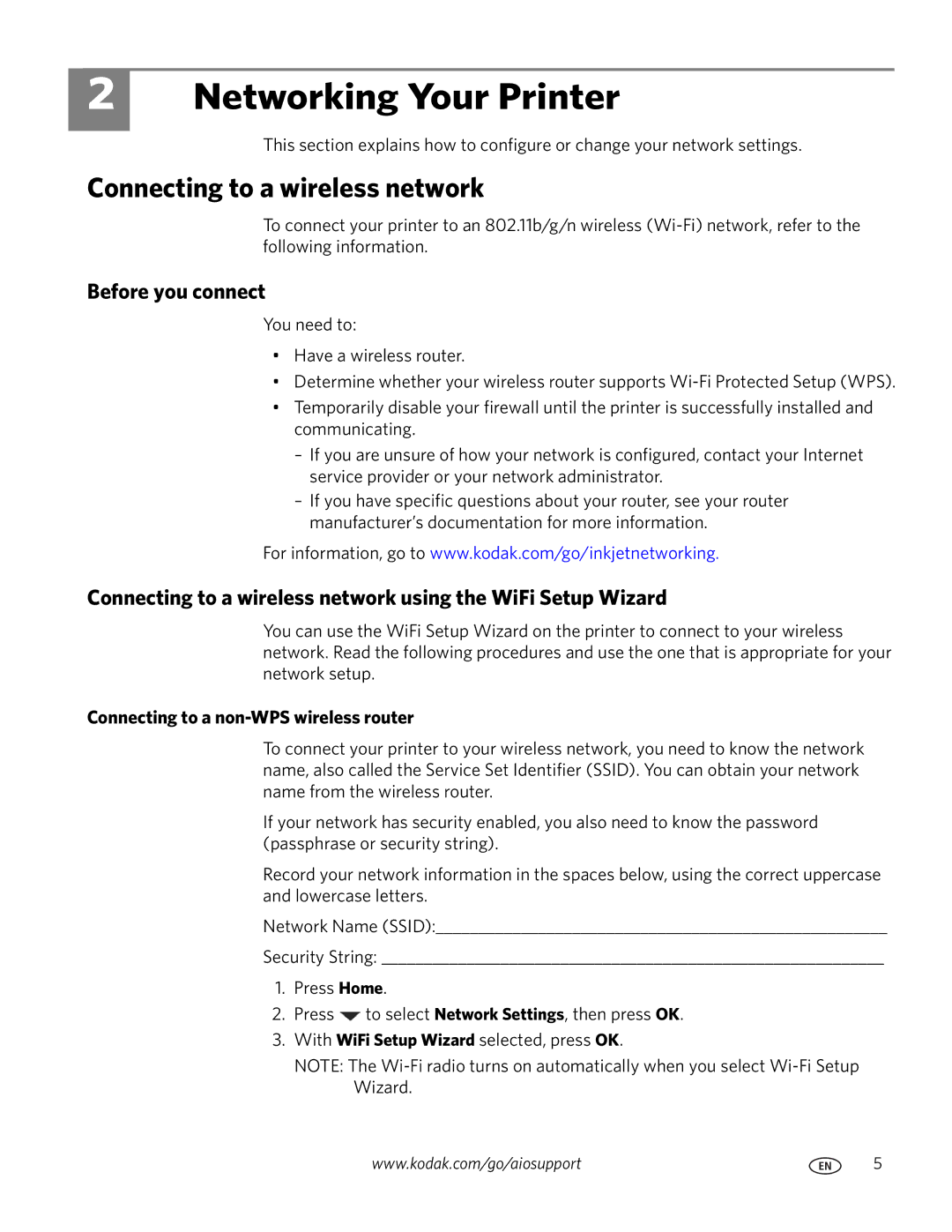 Kodak 9200 manual Networking Your Printer, Connecting to a wireless network, Before you connect 