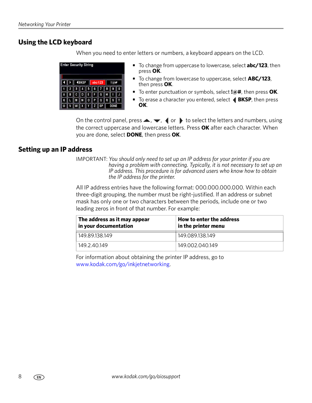 Kodak 9200 manual Using the LCD keyboard, Setting up an IP address 