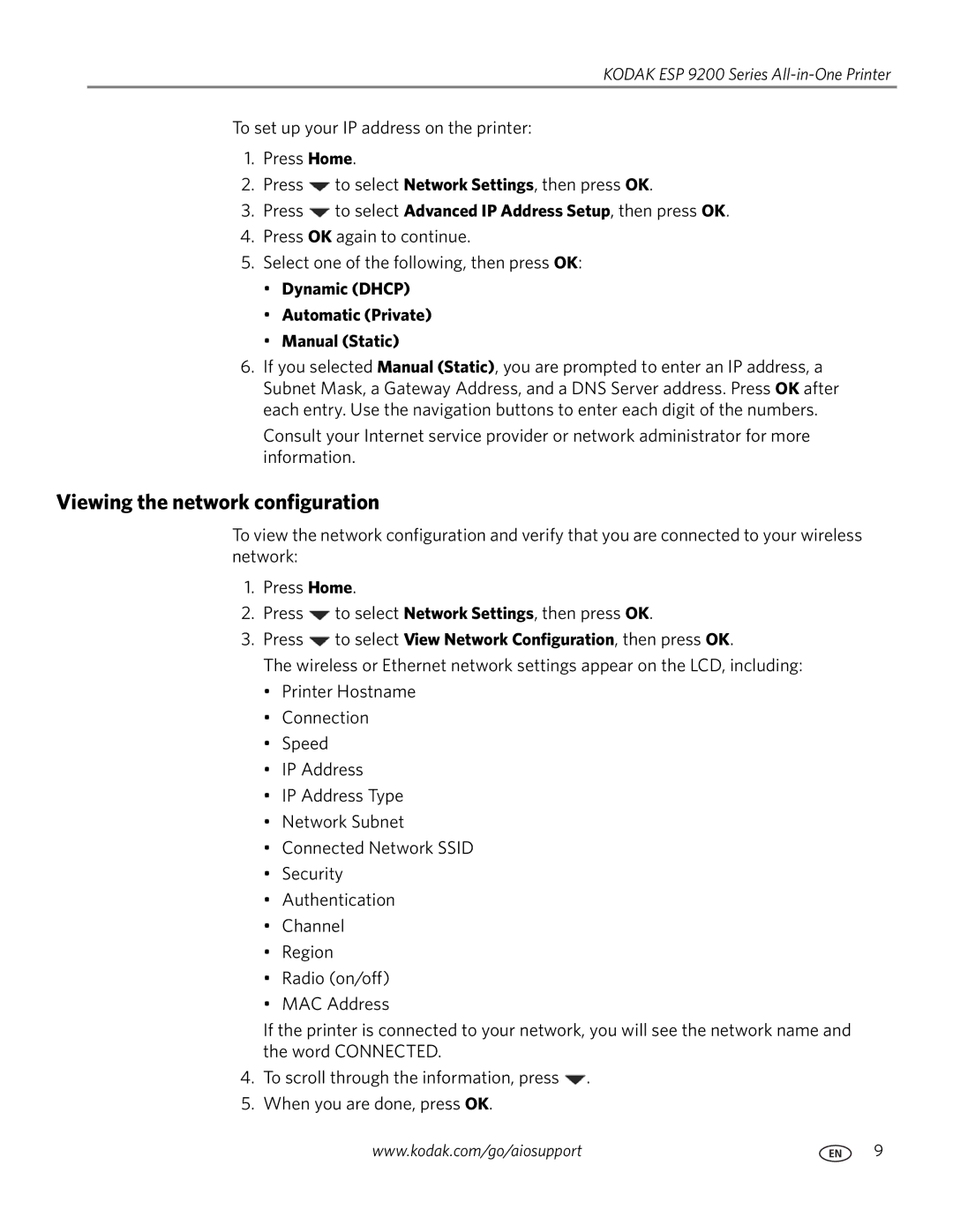 Kodak 9200 manual Viewing the network configuration, Dynamic Dhcp Automatic Private Manual Static 