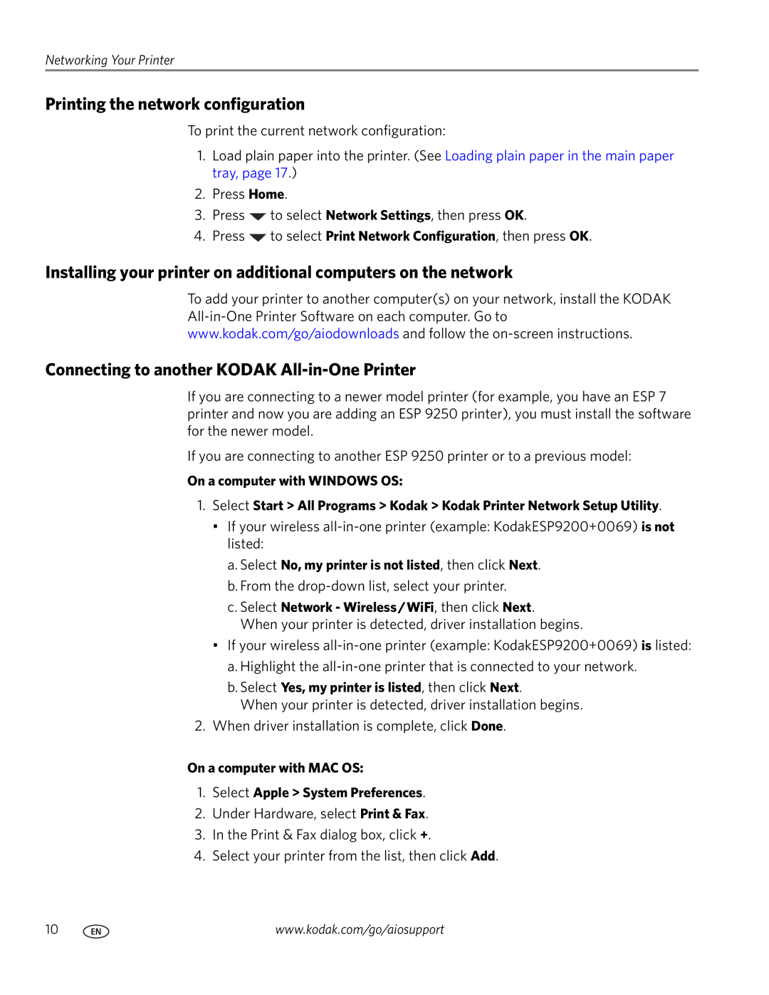 Kodak 9200 manual Printing the network configuration, Connecting to another Kodak All-in-One Printer 