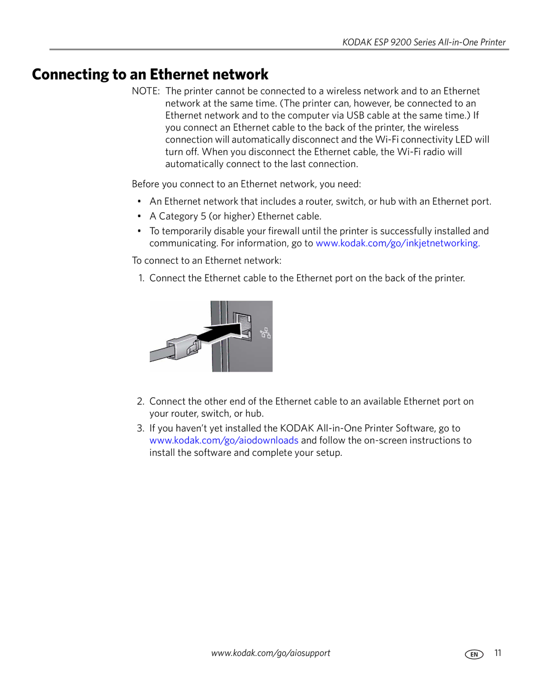 Kodak 9200 manual Connecting to an Ethernet network 