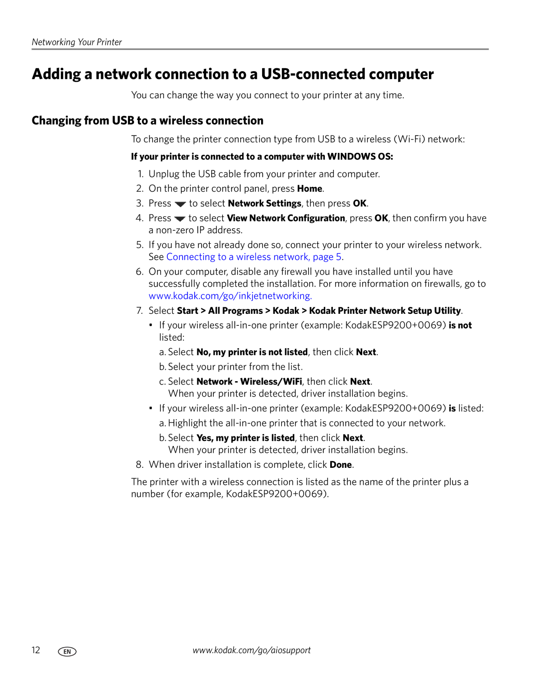 Kodak 9200 manual Adding a network connection to a USB-connected computer, Changing from USB to a wireless connection 