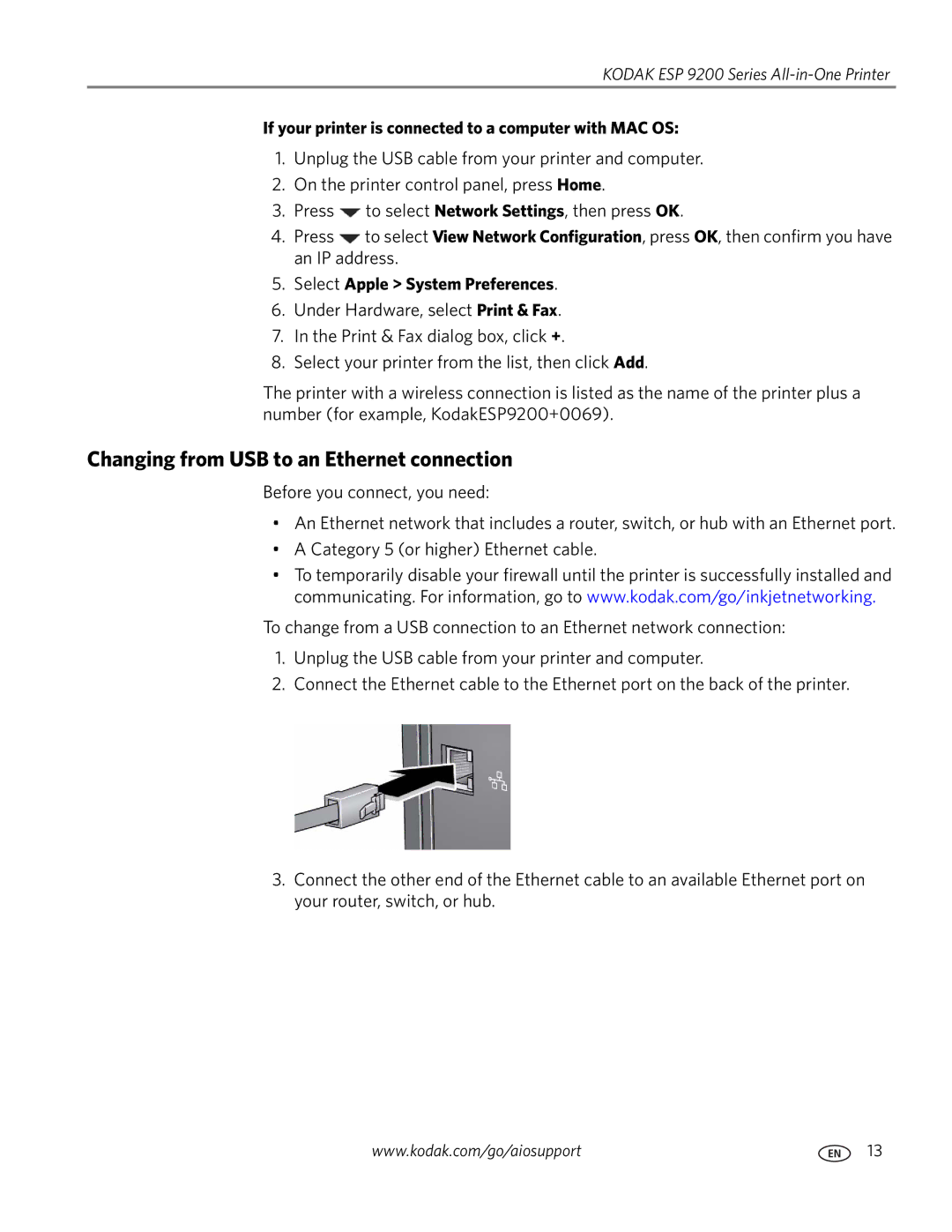 Kodak 9200 manual Changing from USB to an Ethernet connection, If your printer is connected to a computer with MAC OS 