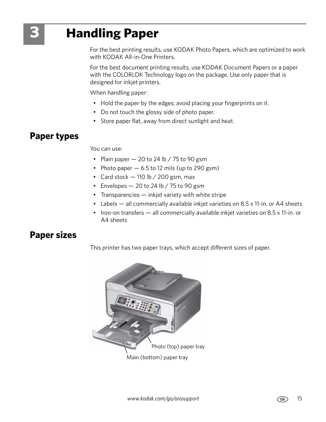 Kodak 9200 manual Handling Paper, Paper types, Paper sizes 