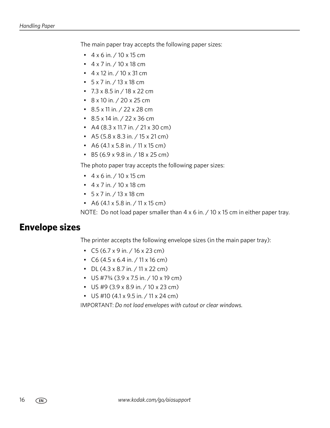 Kodak 9200 manual Envelope sizes 