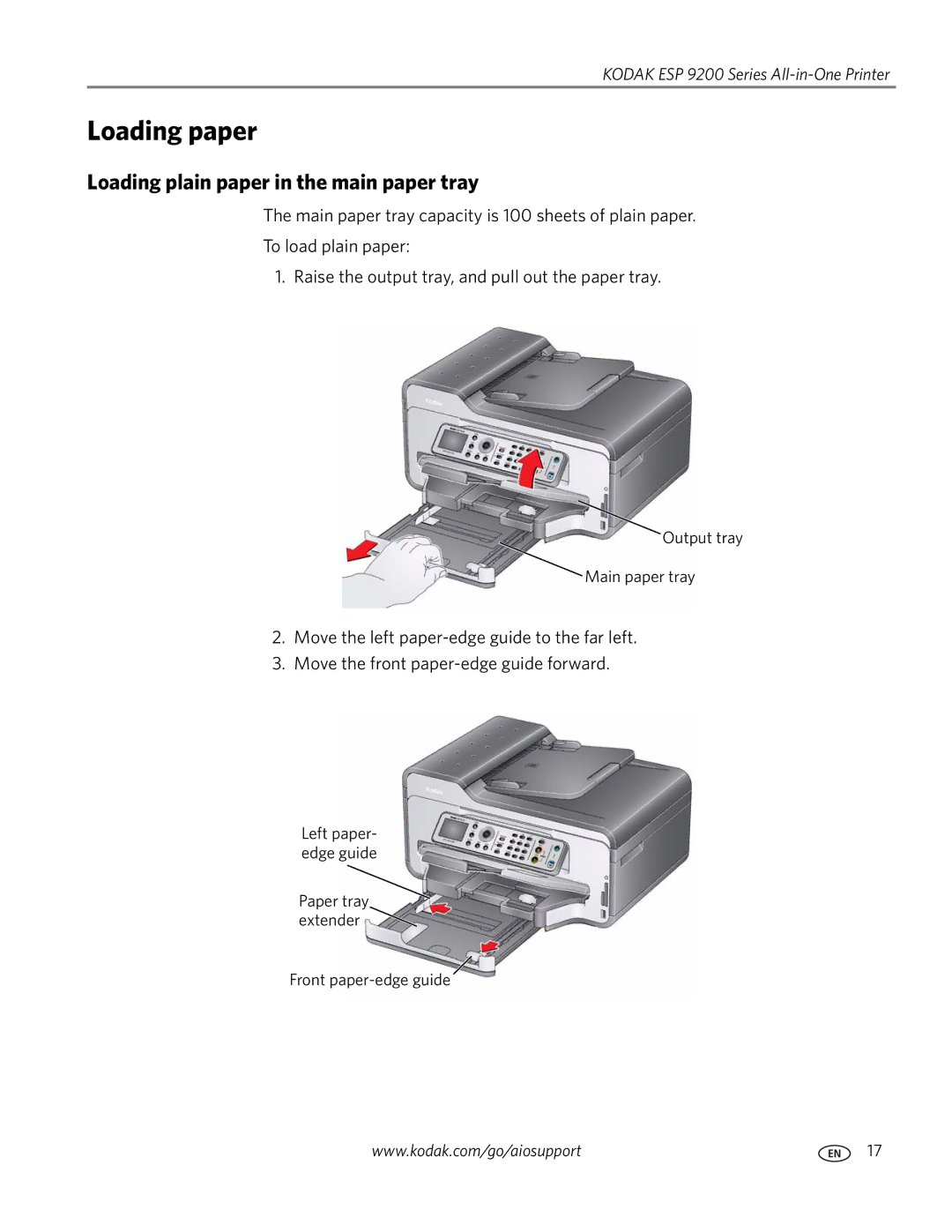 Kodak 9200 manual Loading paper, Loading plain paper in the main paper tray 