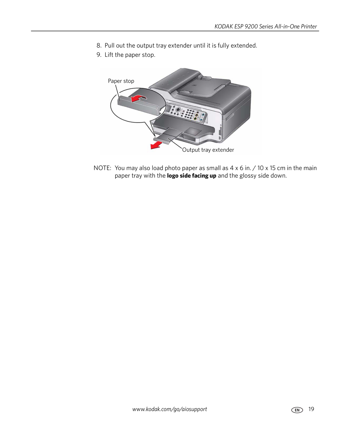 Kodak 9200 manual Paper stop Output tray extender 