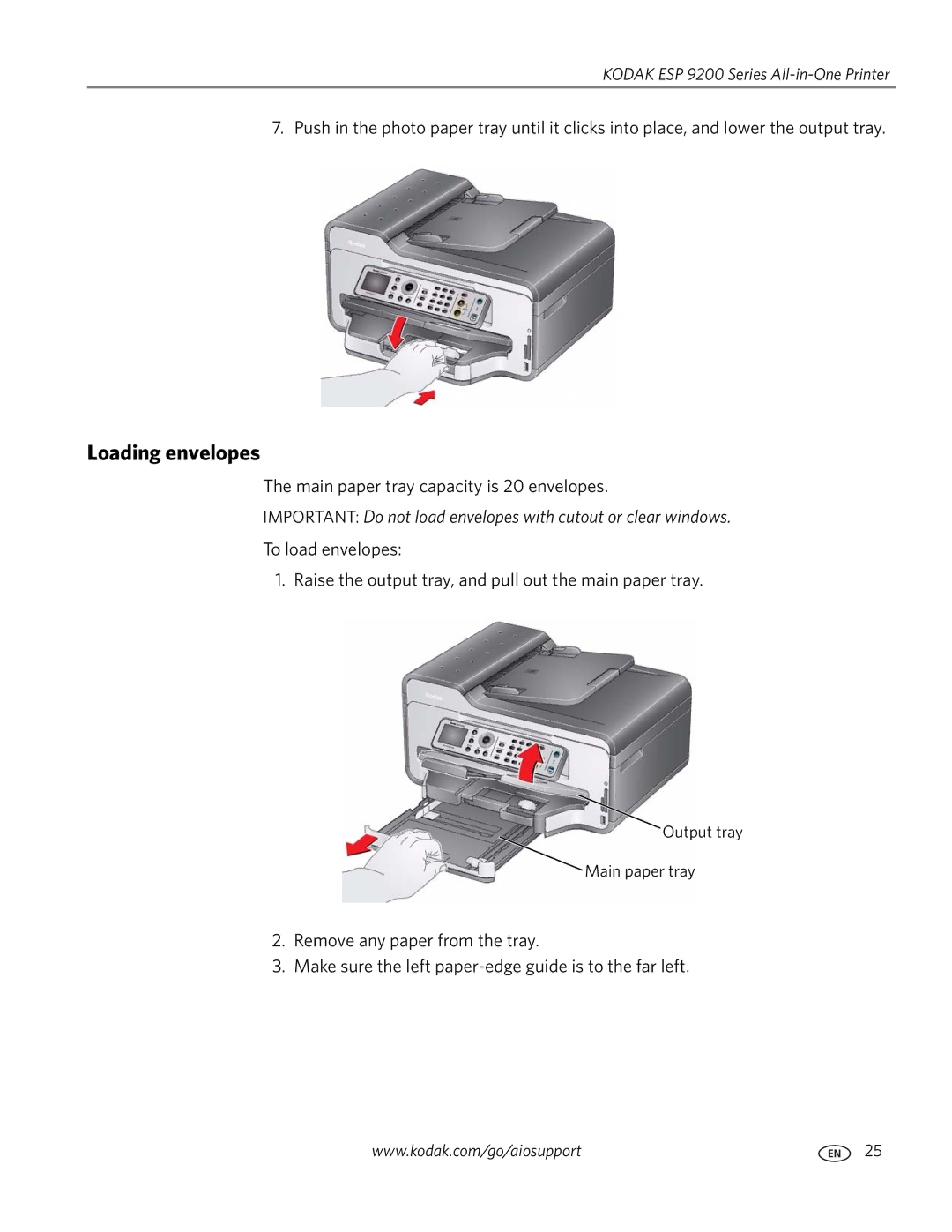 Kodak 9200 manual Loading envelopes 