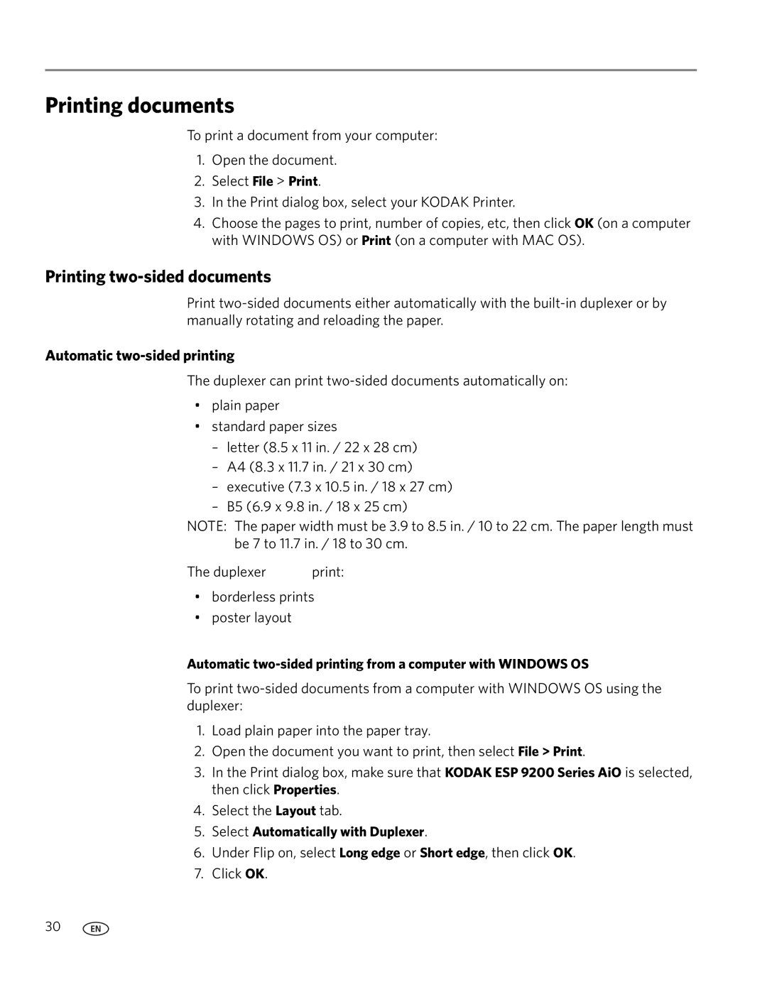 Kodak 9200 manual Printing documents, Printing two-sided documents, Automatic two-sided printing 