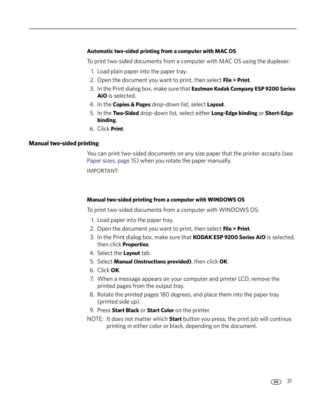 Kodak 9200 manual Manual two-sided printing, Automatic two-sided printing from a computer with MAC OS 