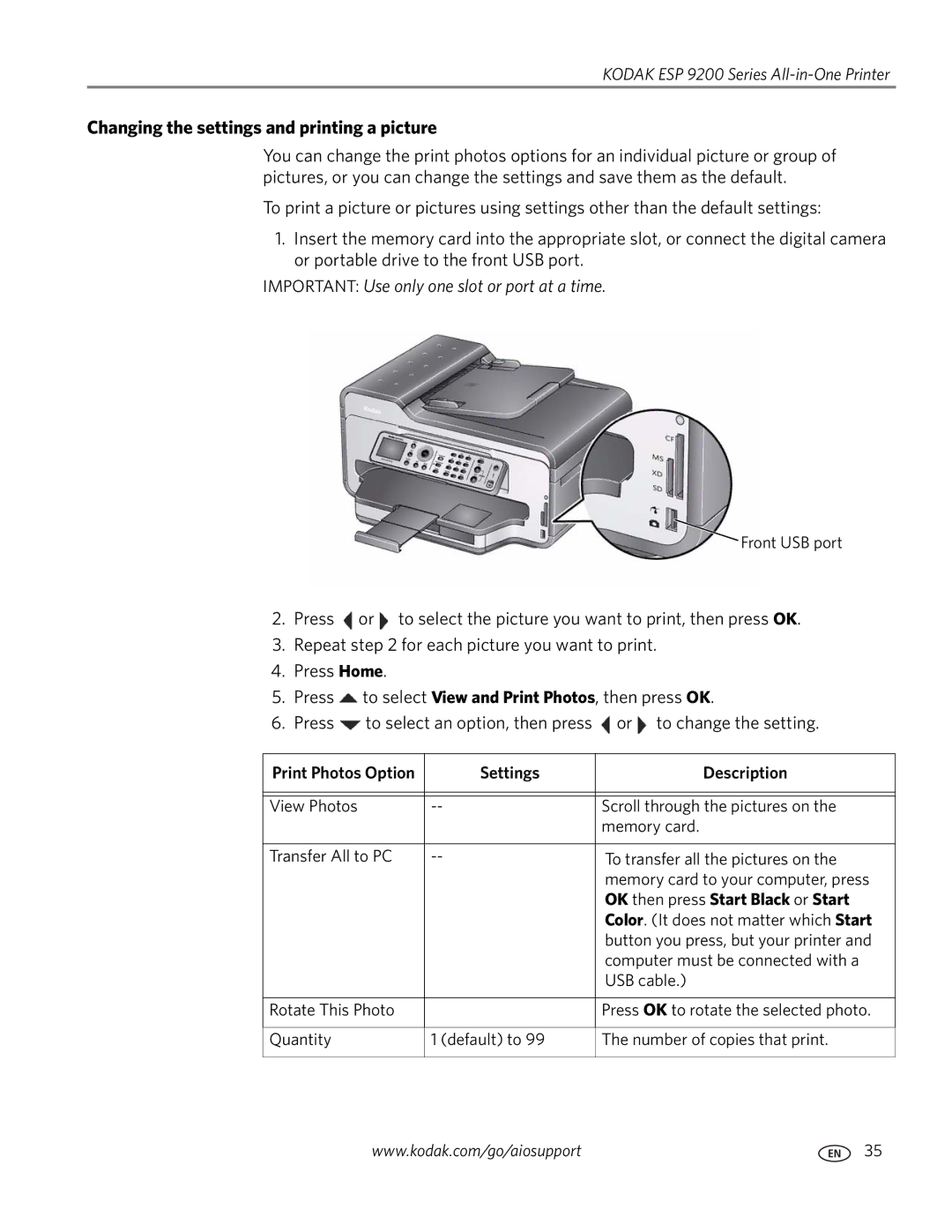 Kodak 9200 manual Changing the settings and printing a picture, Settings Description, OK then press Start Black or Start 