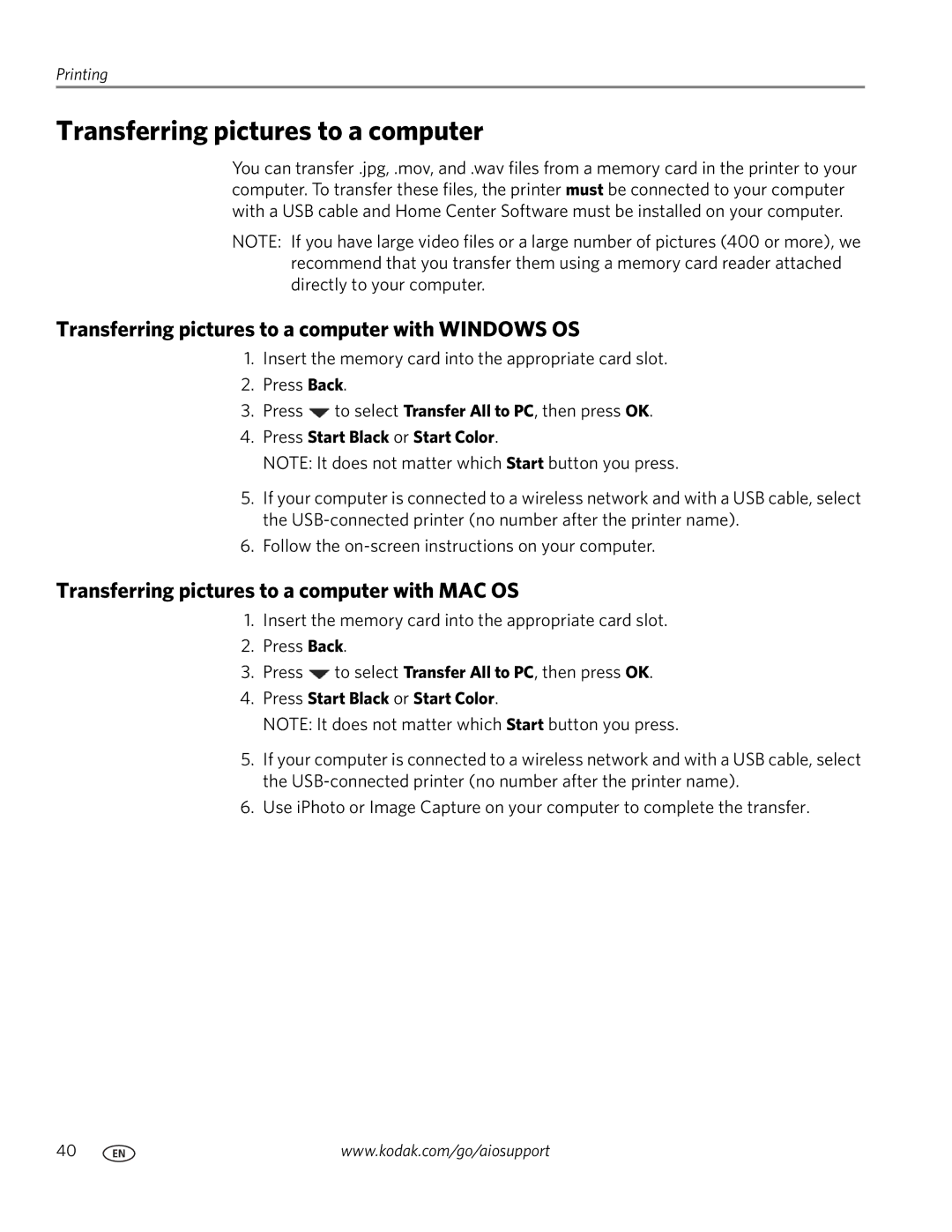 Kodak 9200 manual Transferring pictures to a computer with Windows OS, Transferring pictures to a computer with MAC OS 