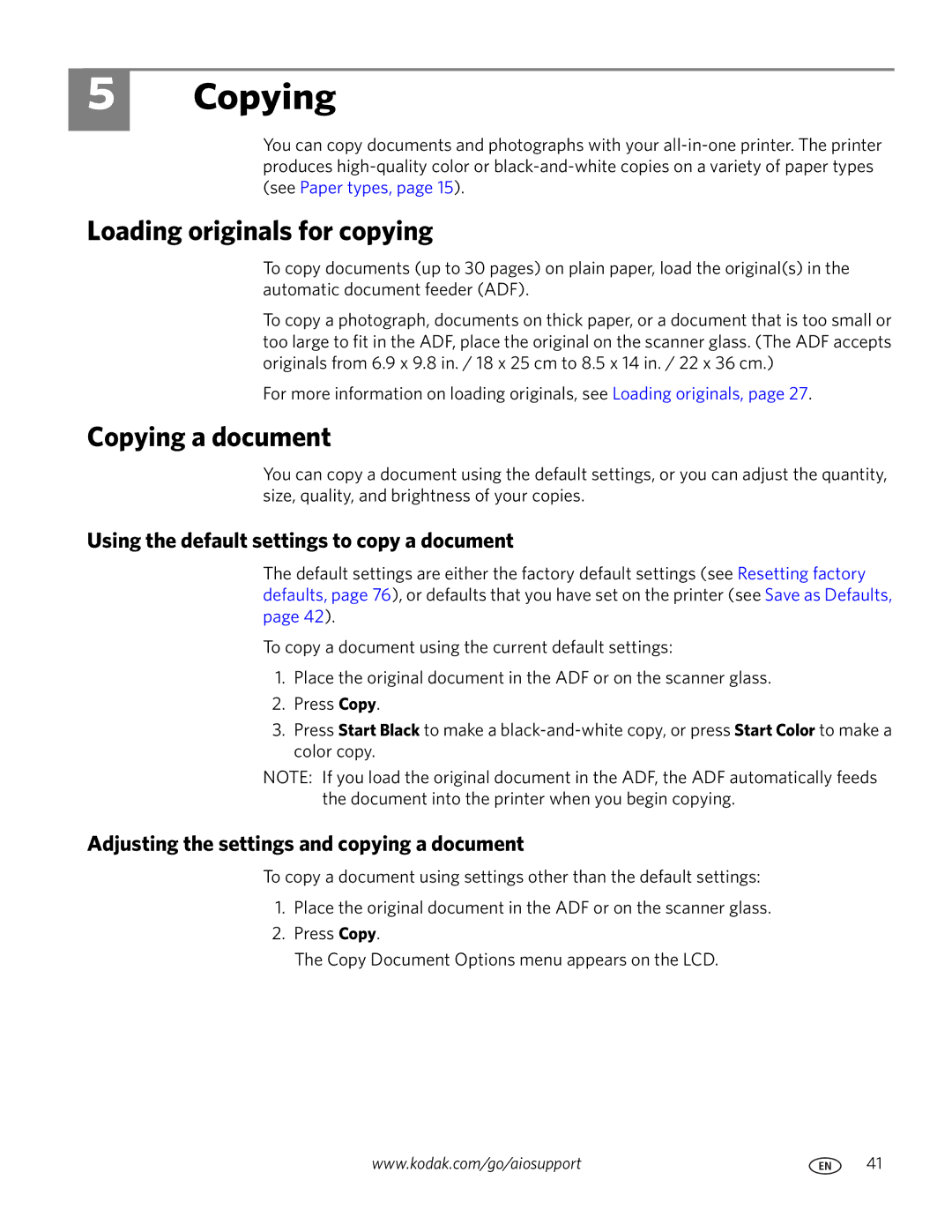 Kodak 9200 manual Loading originals for copying, Copying a document, Using the default settings to copy a document 