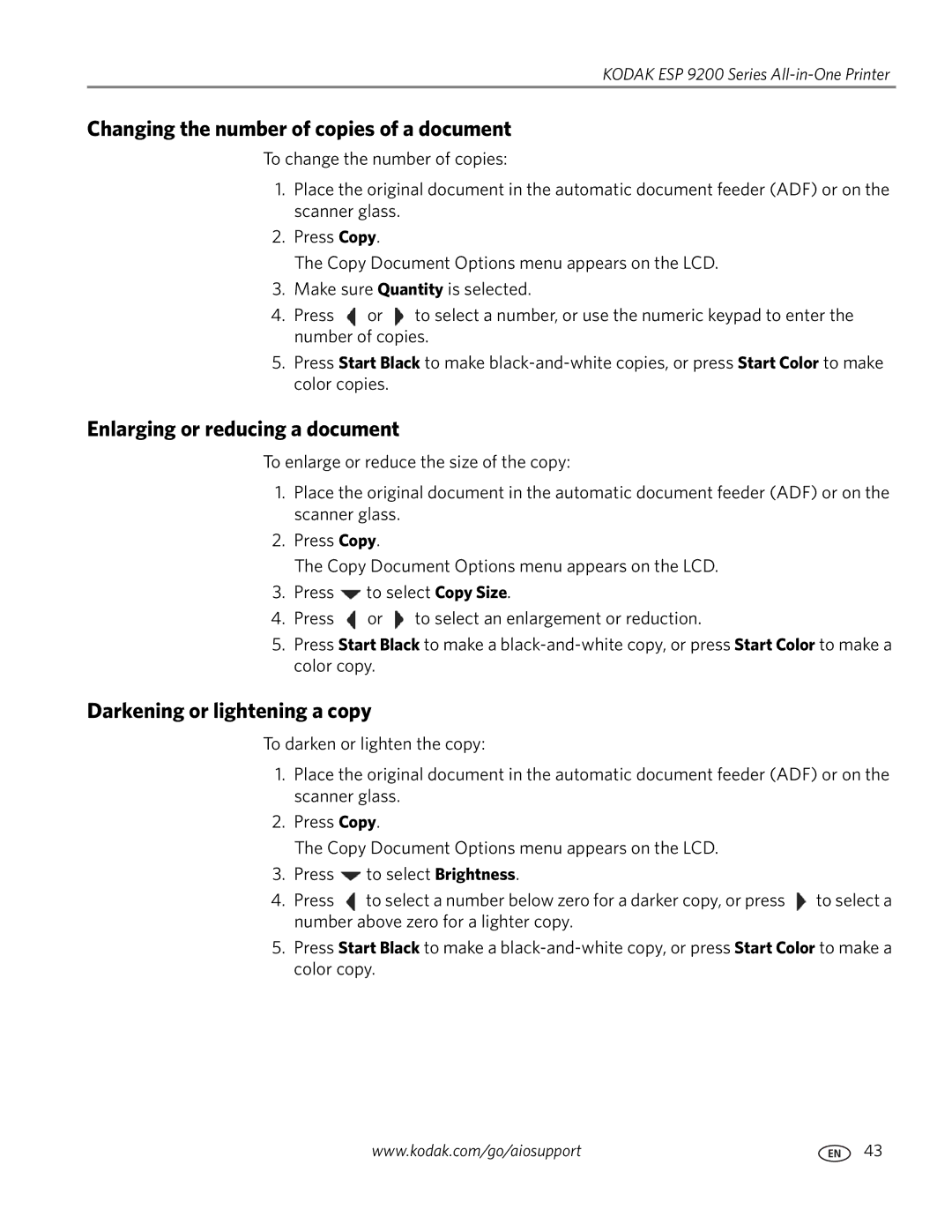 Kodak 9200 Changing the number of copies of a document, Enlarging or reducing a document, Darkening or lightening a copy 