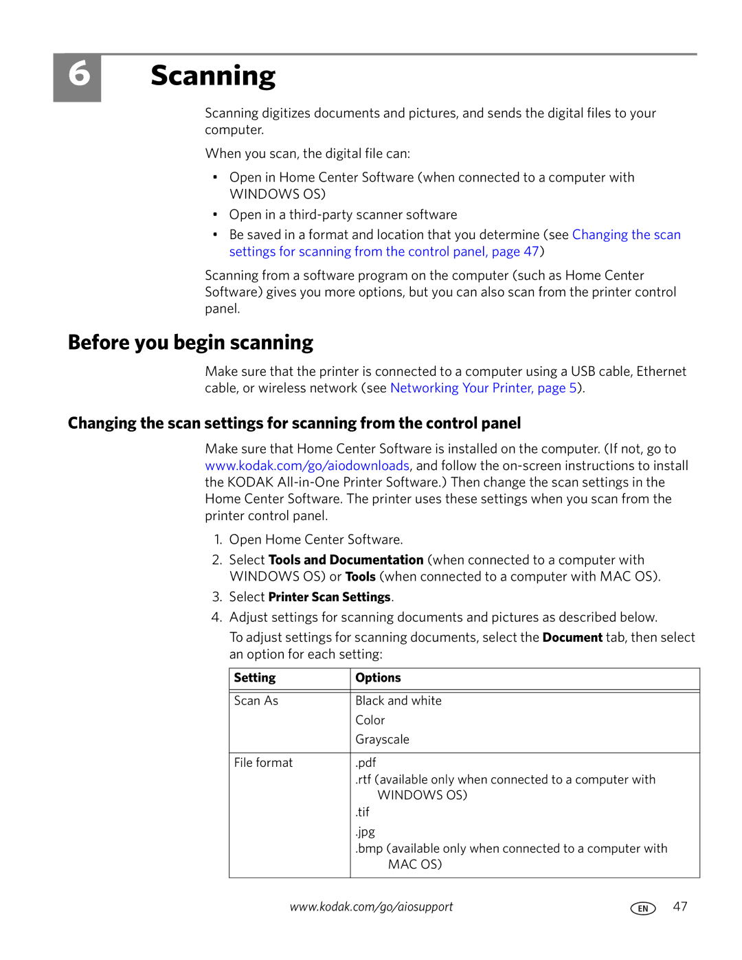 Kodak 9200 manual Scanning, Before you begin scanning, Select Printer Scan Settings, Setting Options 