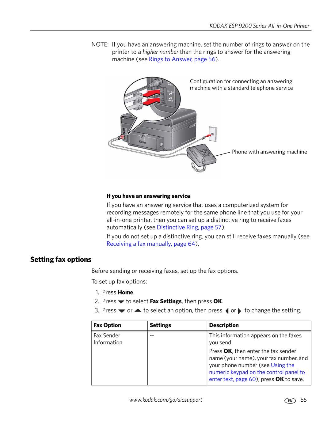 Kodak 9200 manual Setting fax options, If you have an answering service, Fax Option Settings Description 