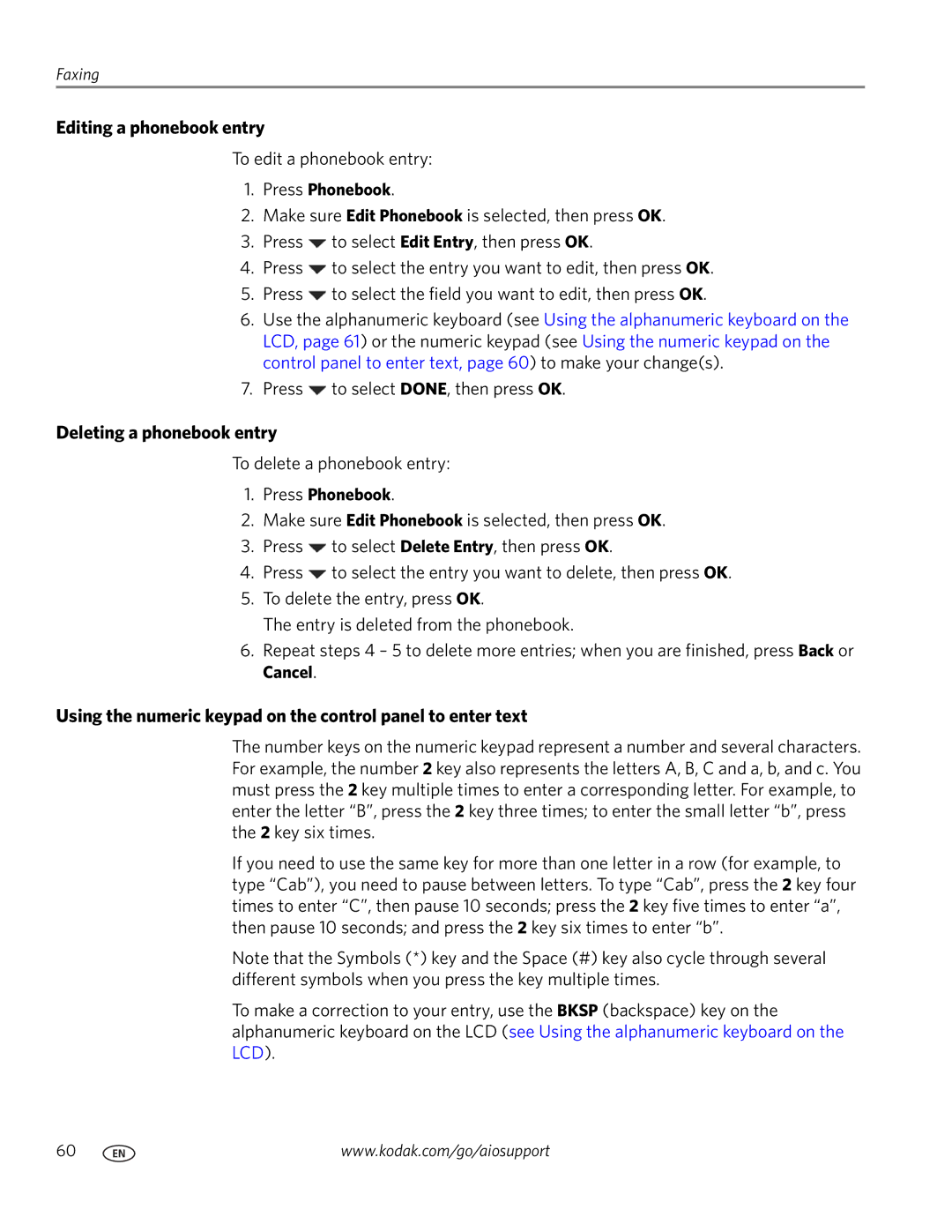 Kodak 9200 manual Editing a phonebook entry, Deleting a phonebook entry, Cancel 