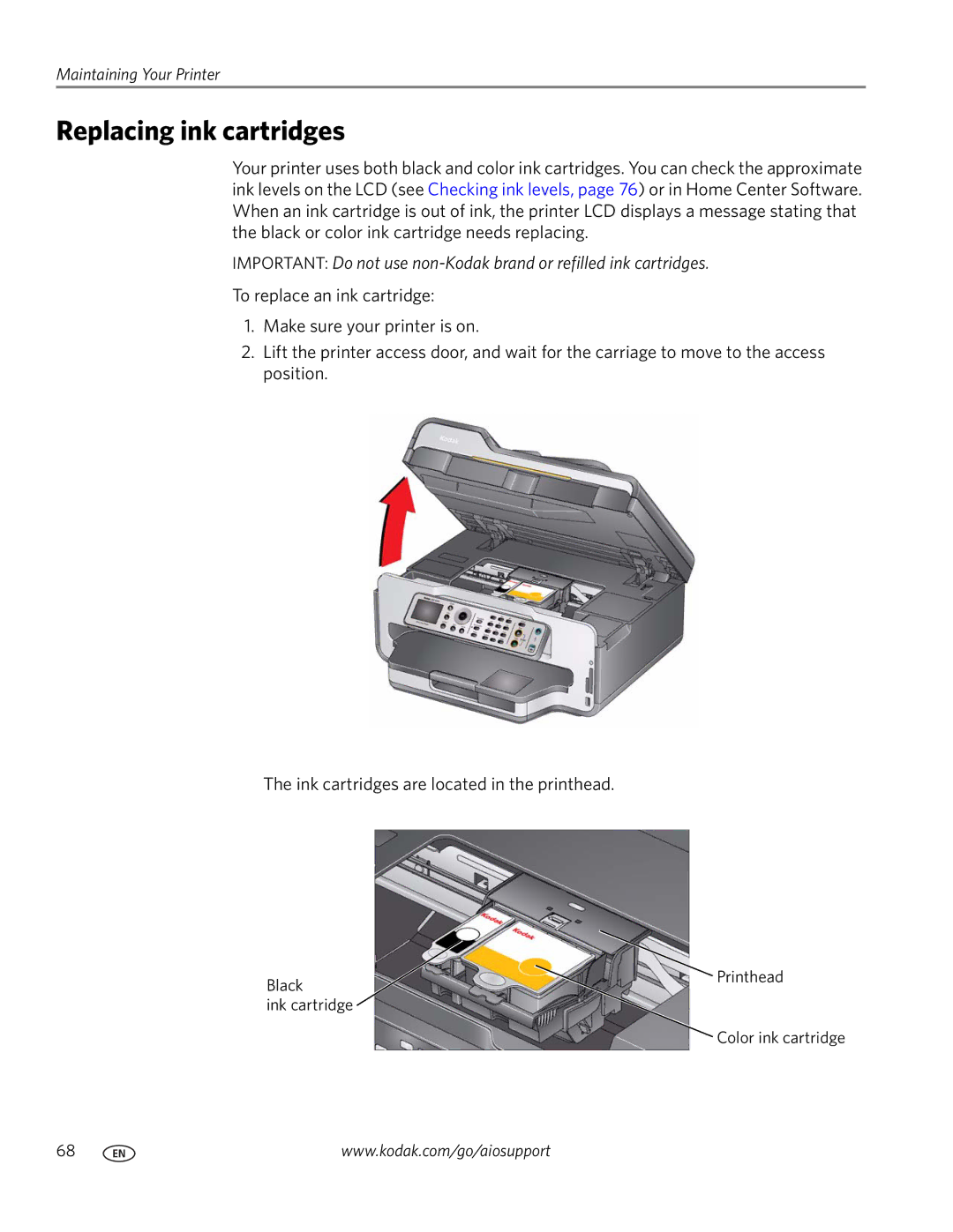 Kodak 9200 manual Replacing ink cartridges 