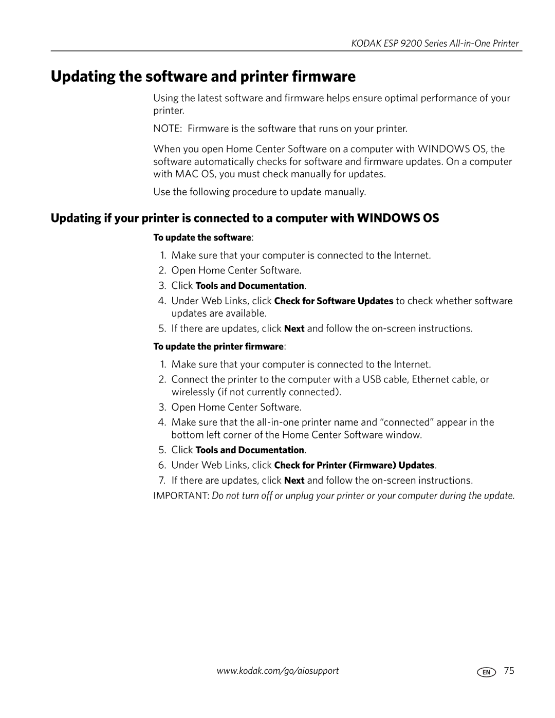 Kodak 9200 manual Updating the software and printer firmware, To update the software, Click Tools and Documentation 