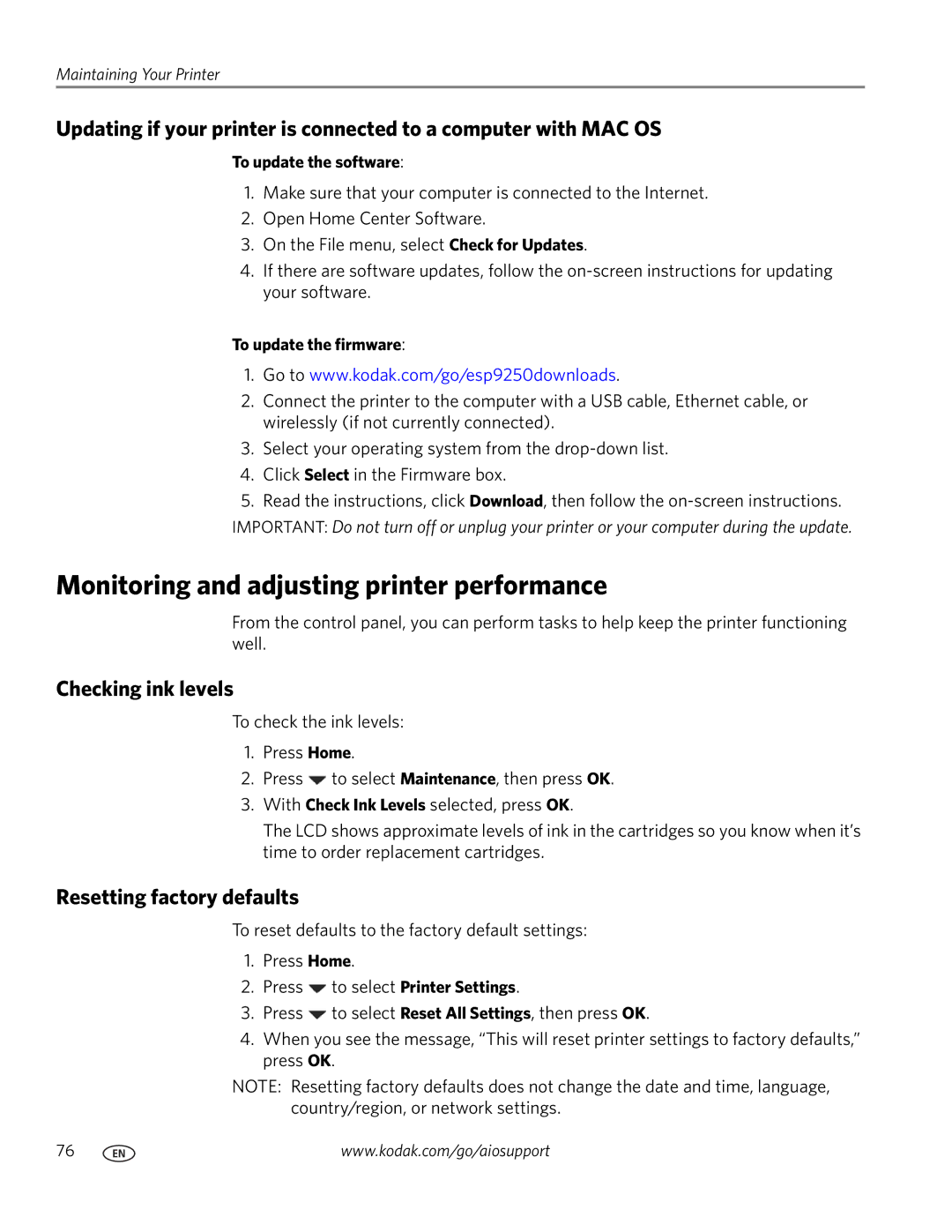 Kodak 9200 manual Monitoring and adjusting printer performance, Checking ink levels, Resetting factory defaults 