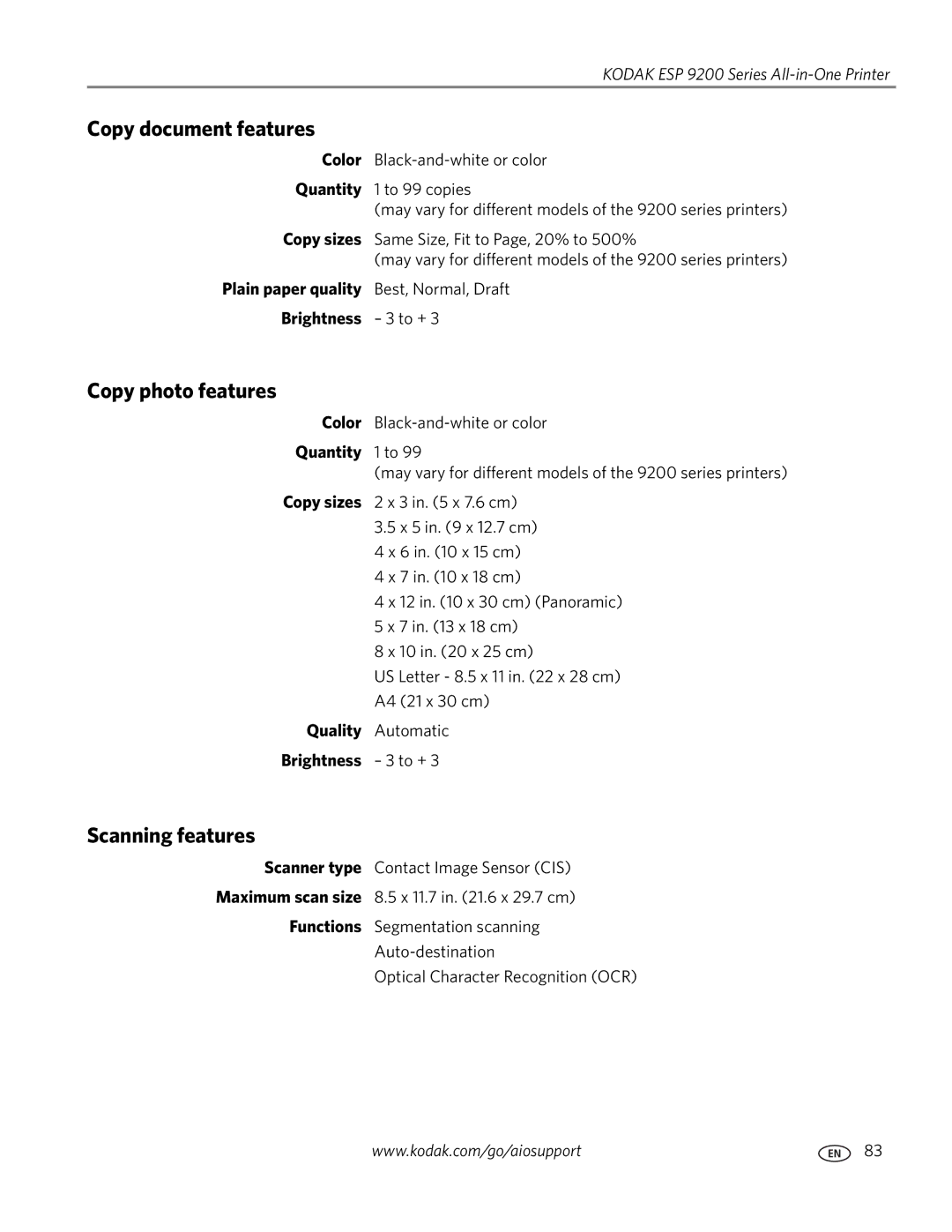 Kodak 9200 manual Copy document features, Copy photo features, Scanning features 