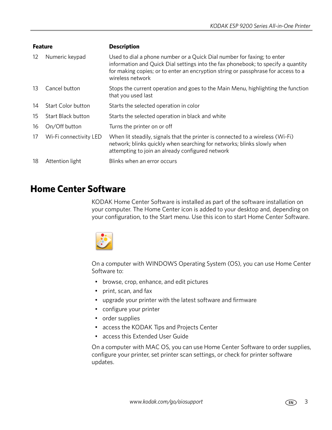 Kodak 9200 manual Home Center Software, Feature Description 