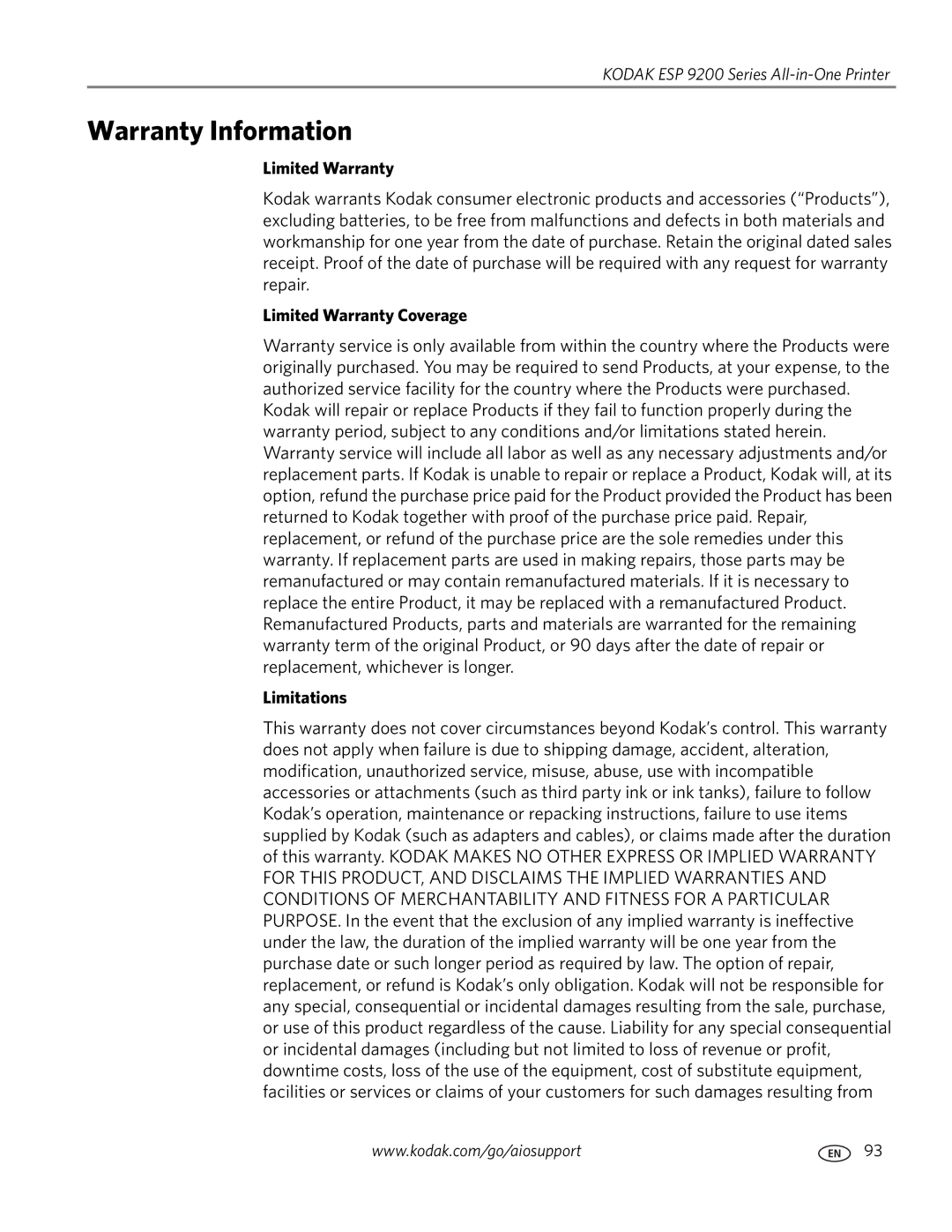 Kodak 9200 manual Warranty Information, Limited Warranty Coverage, Limitations 