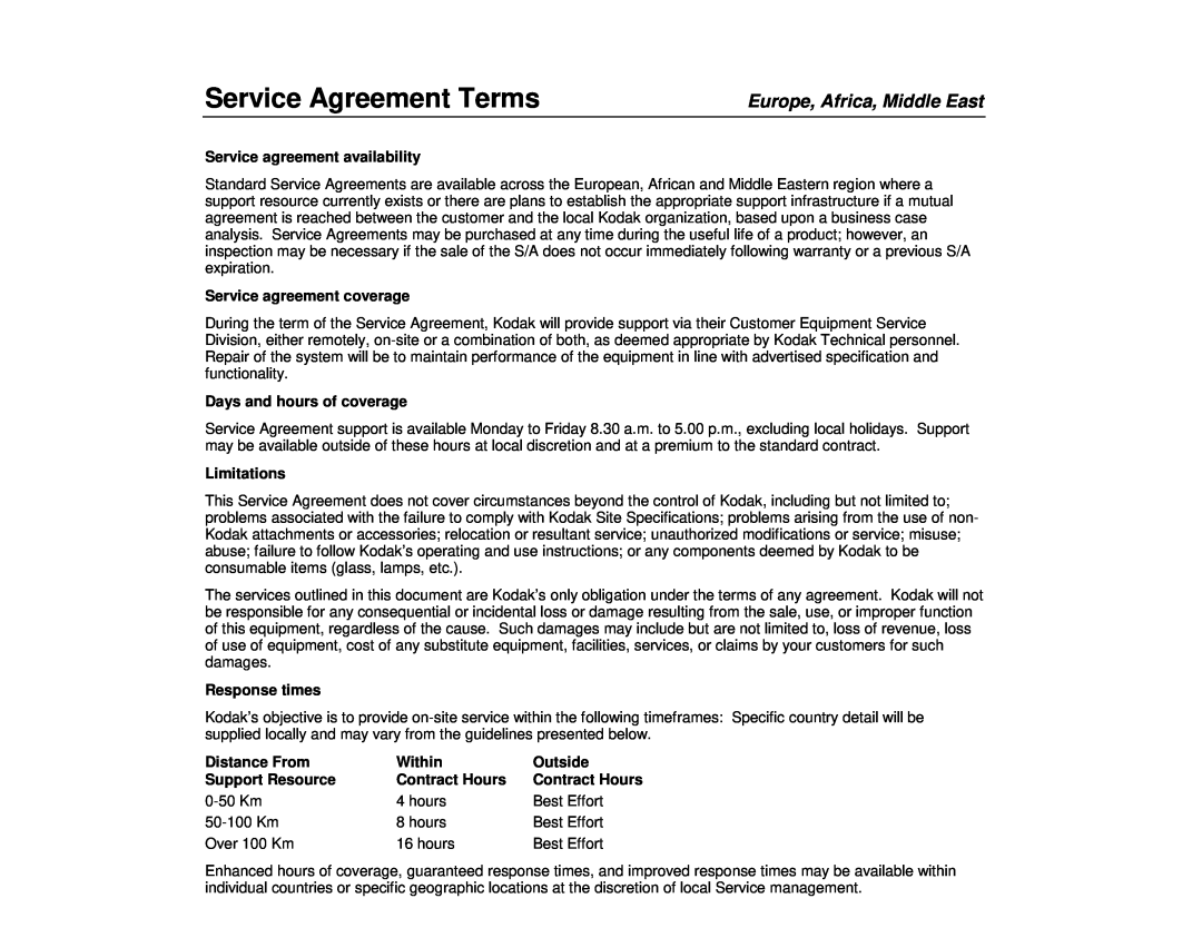 Kodak 990 Service Agreement Terms, Europe, Africa, Middle East, Service agreement availability, Service agreement coverage 