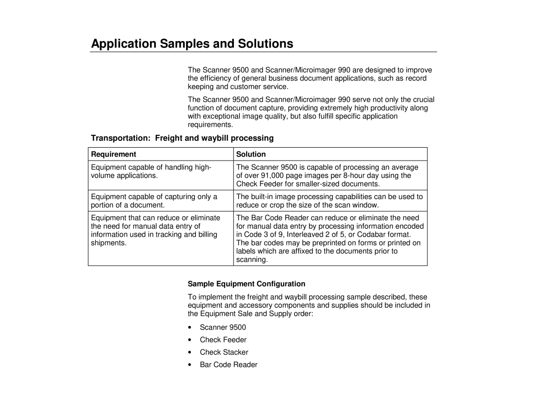 Kodak 990, 9500 Application Samples and Solutions, Transportation Freight and waybill processing, Requirement Solution 