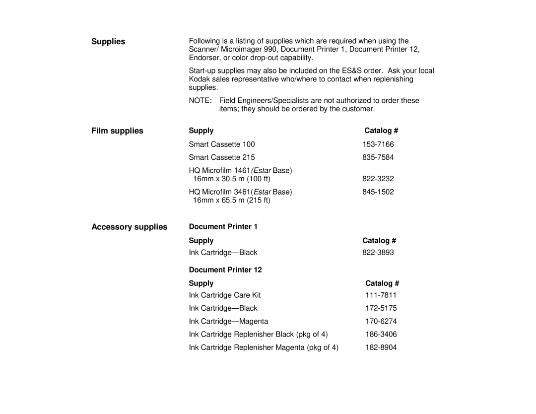 Kodak 990, 9500 manual Supplies, Film supplies, Accessory supplies, Document Printer Supply Catalog # 