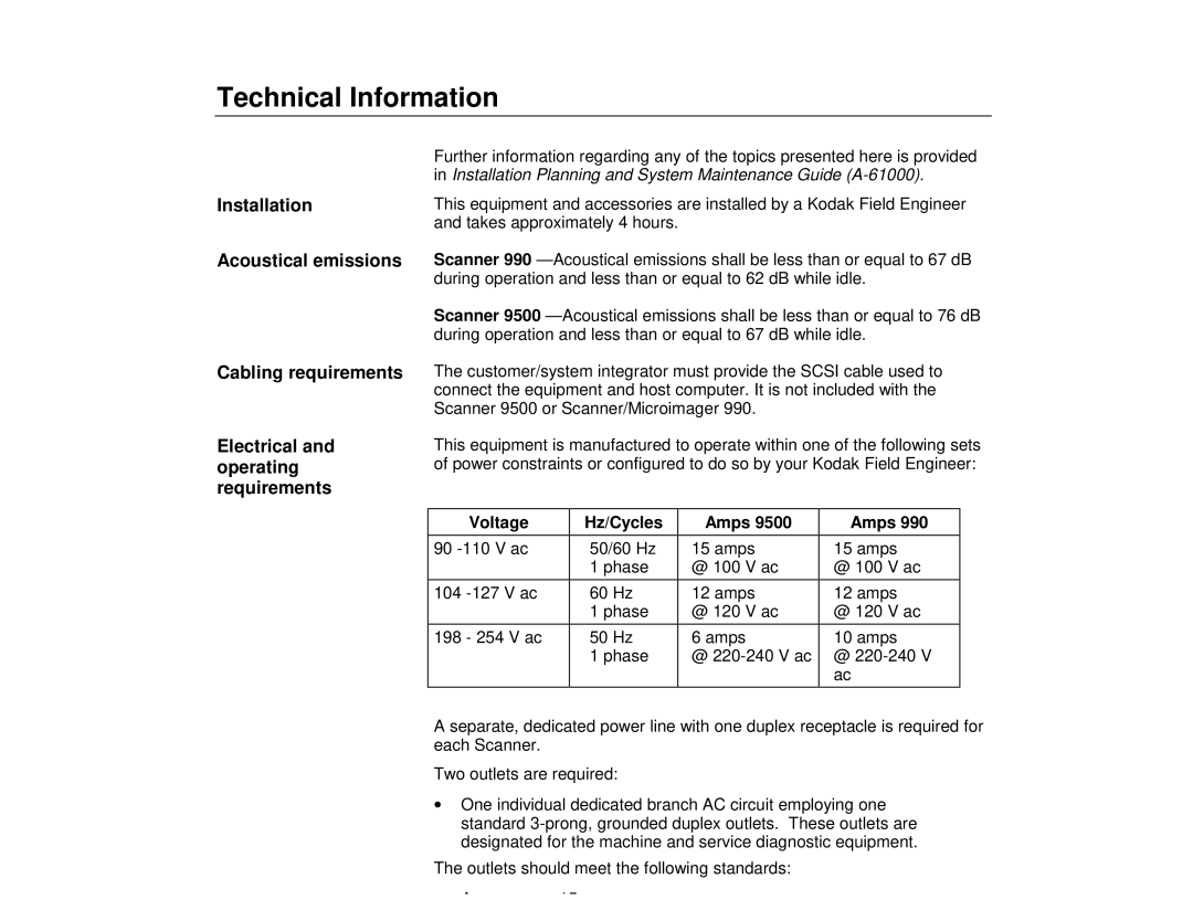 Kodak 9500, 990 manual Technical Information, Installation, Acoustical emissions, Cabling requirements 