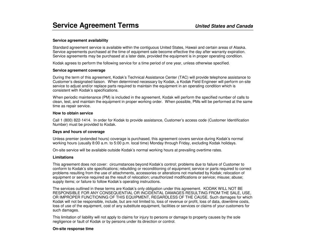 Kodak 990, 9500 manual Service agreement availability, Service agreement coverage, On-site response time 