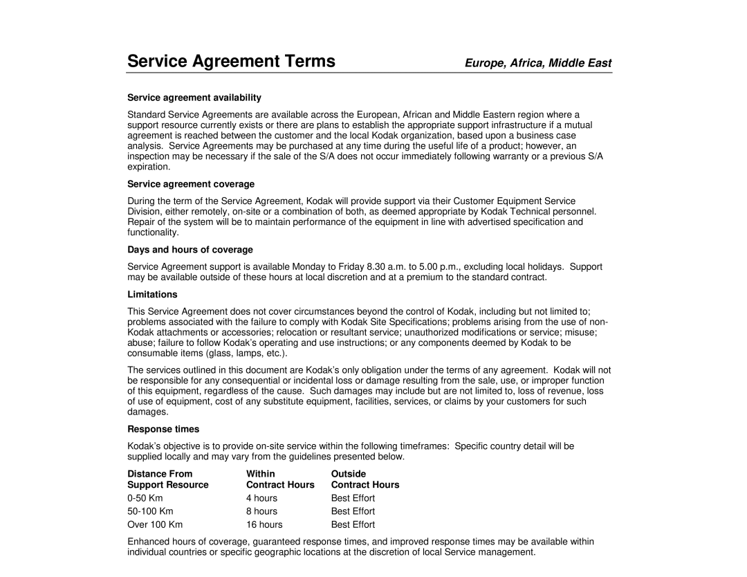 Kodak 990, 9500 manual Response times, Distance From Within Outside Support Resource Contract Hours 