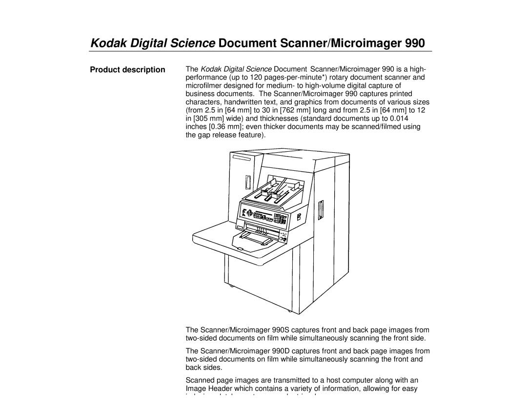 Kodak 990, 9500 manual Kodak Digital Science Document Scanner/Microimager, Product description 