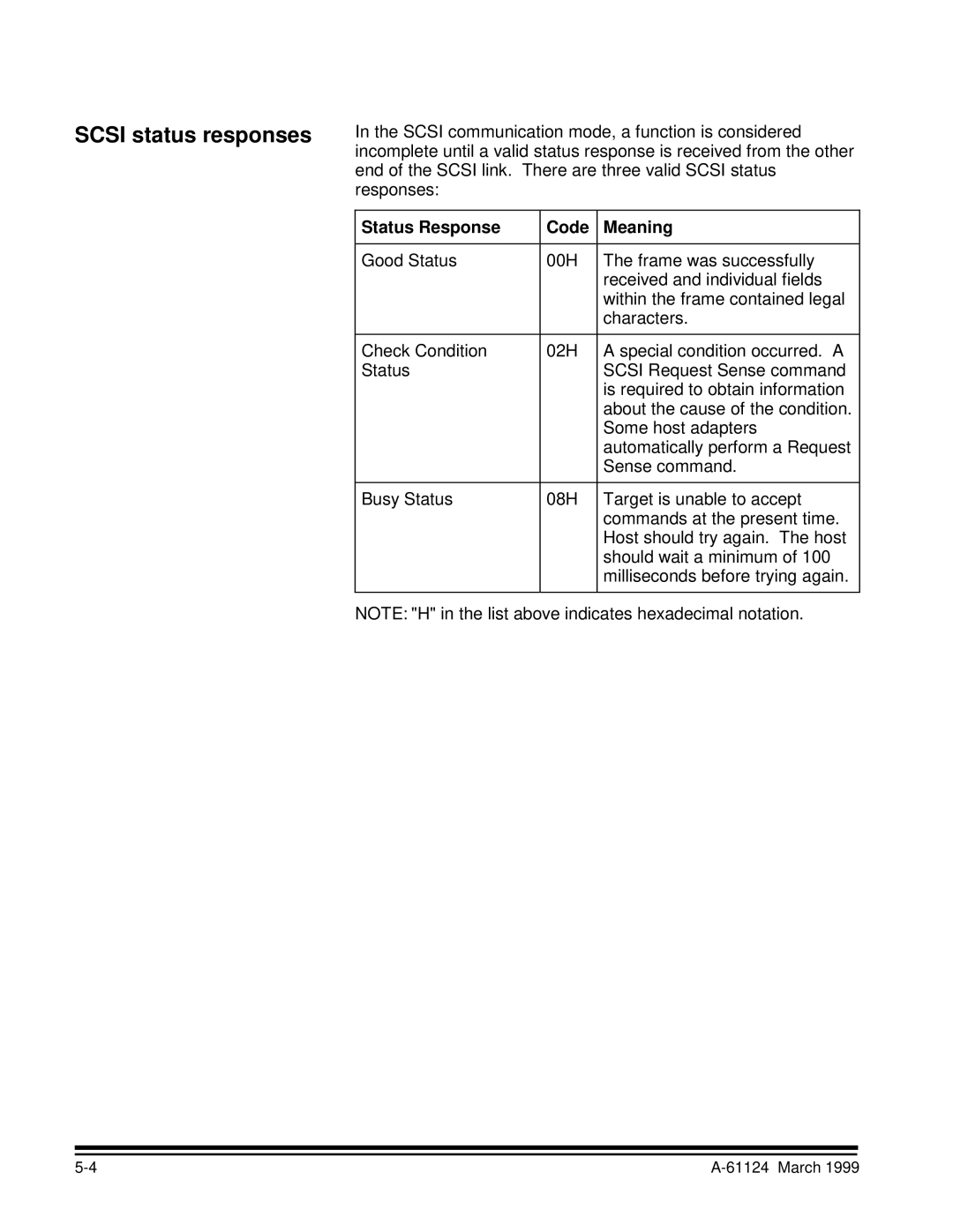 Kodak 9500 manual Scsi status responses, Status Response Code Meaning 