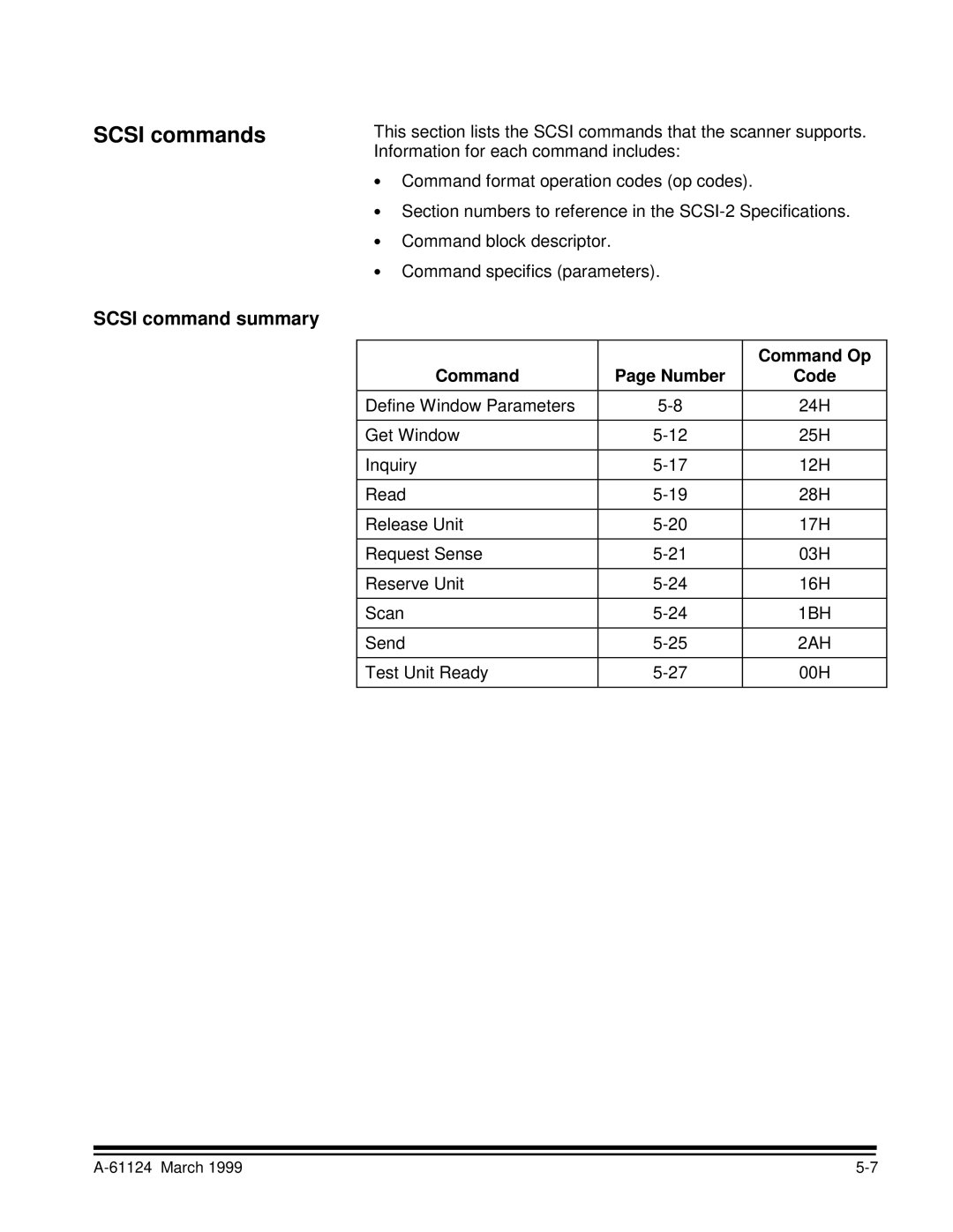 Kodak 9500 manual Scsi commands, Scsi command summary, Command Op, Command Number 