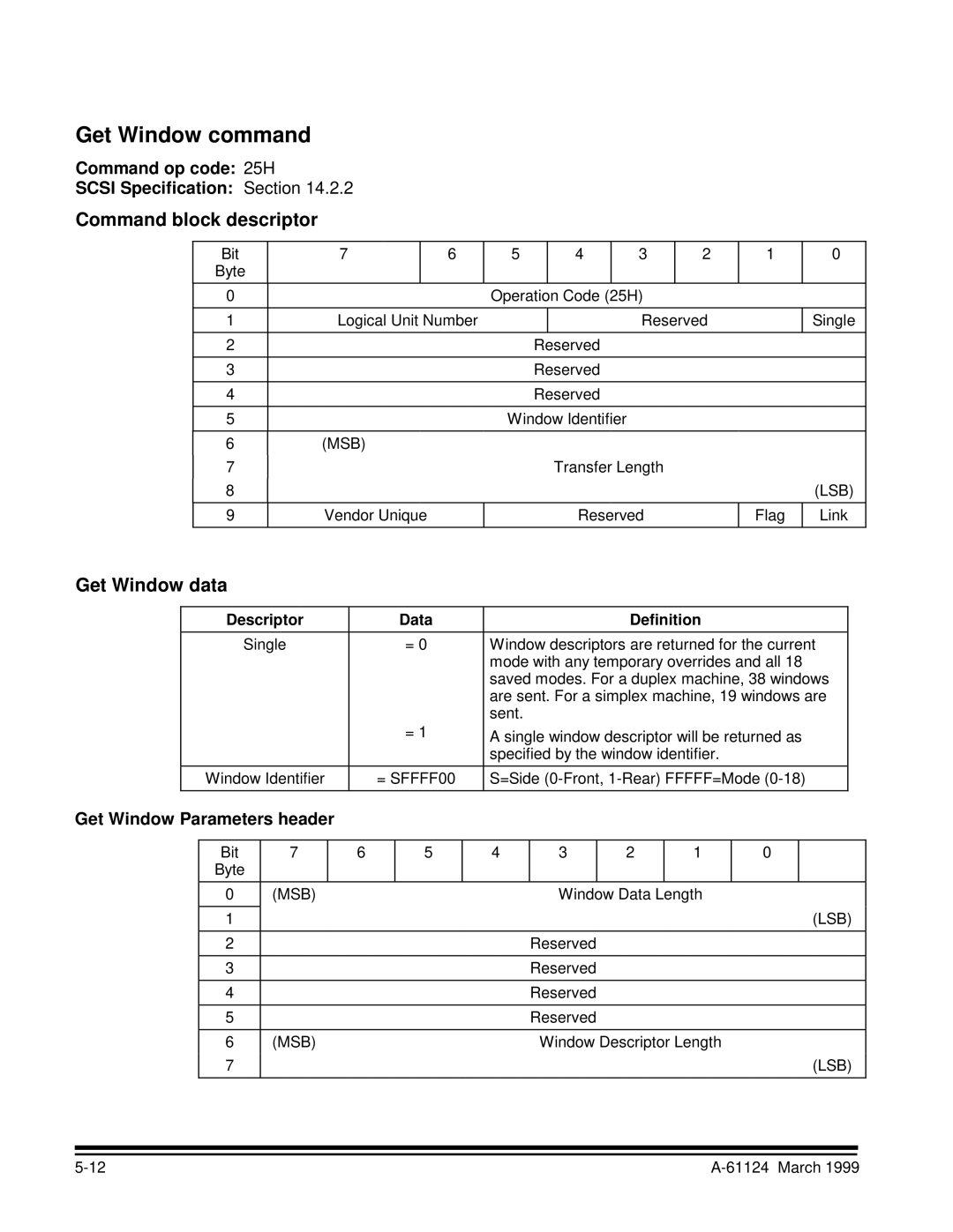 Kodak 9500 manual Get Window command, Get Window data, Command op code 25H Scsi Specification Section 