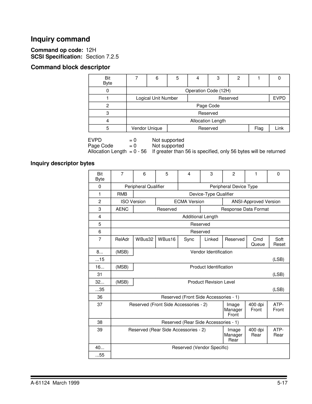 Kodak 9500 manual Inquiry command, Command op code 12H Scsi Specification Section, Inquiry descriptor bytes 