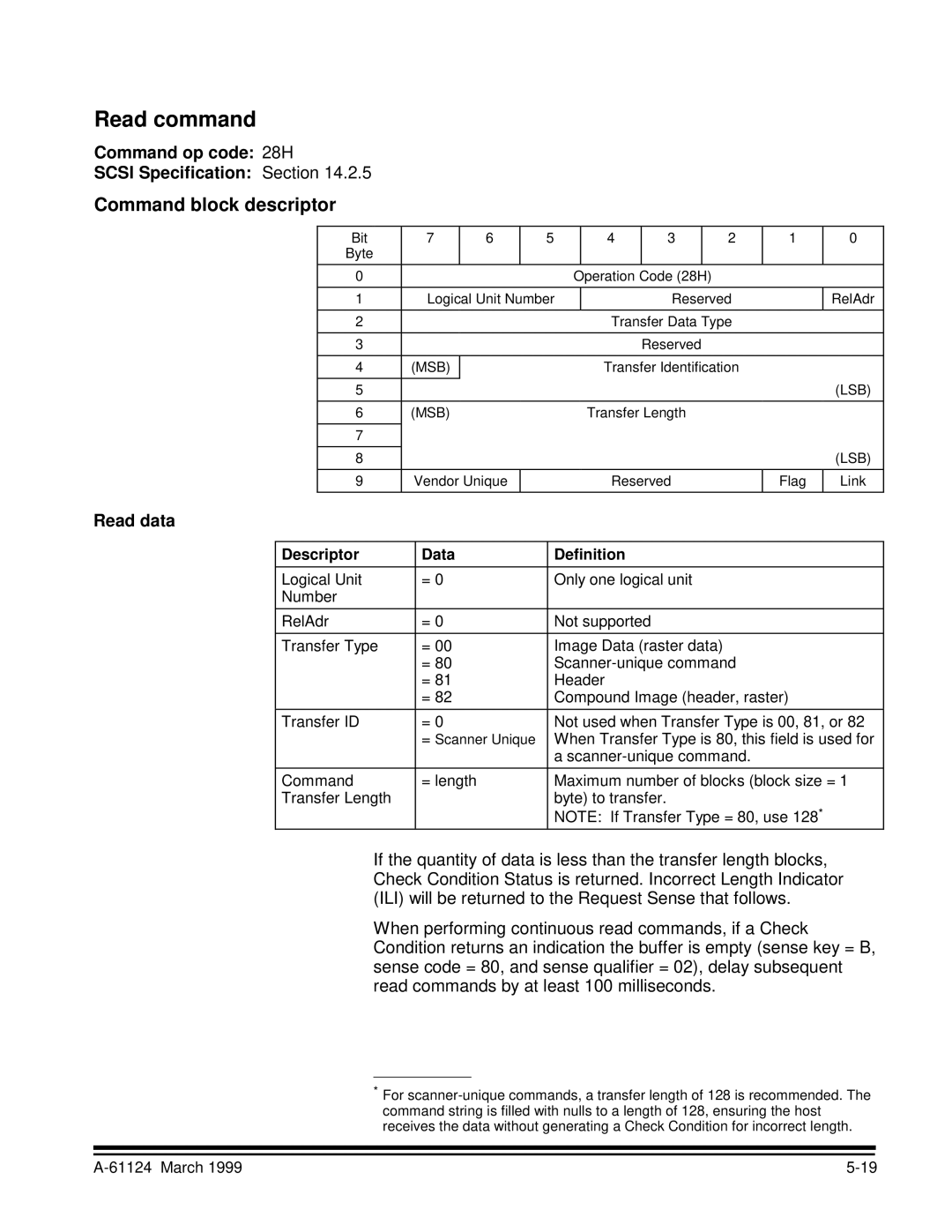 Kodak 9500 manual Read command, Command op code 28H Scsi Specification Section, Read data 