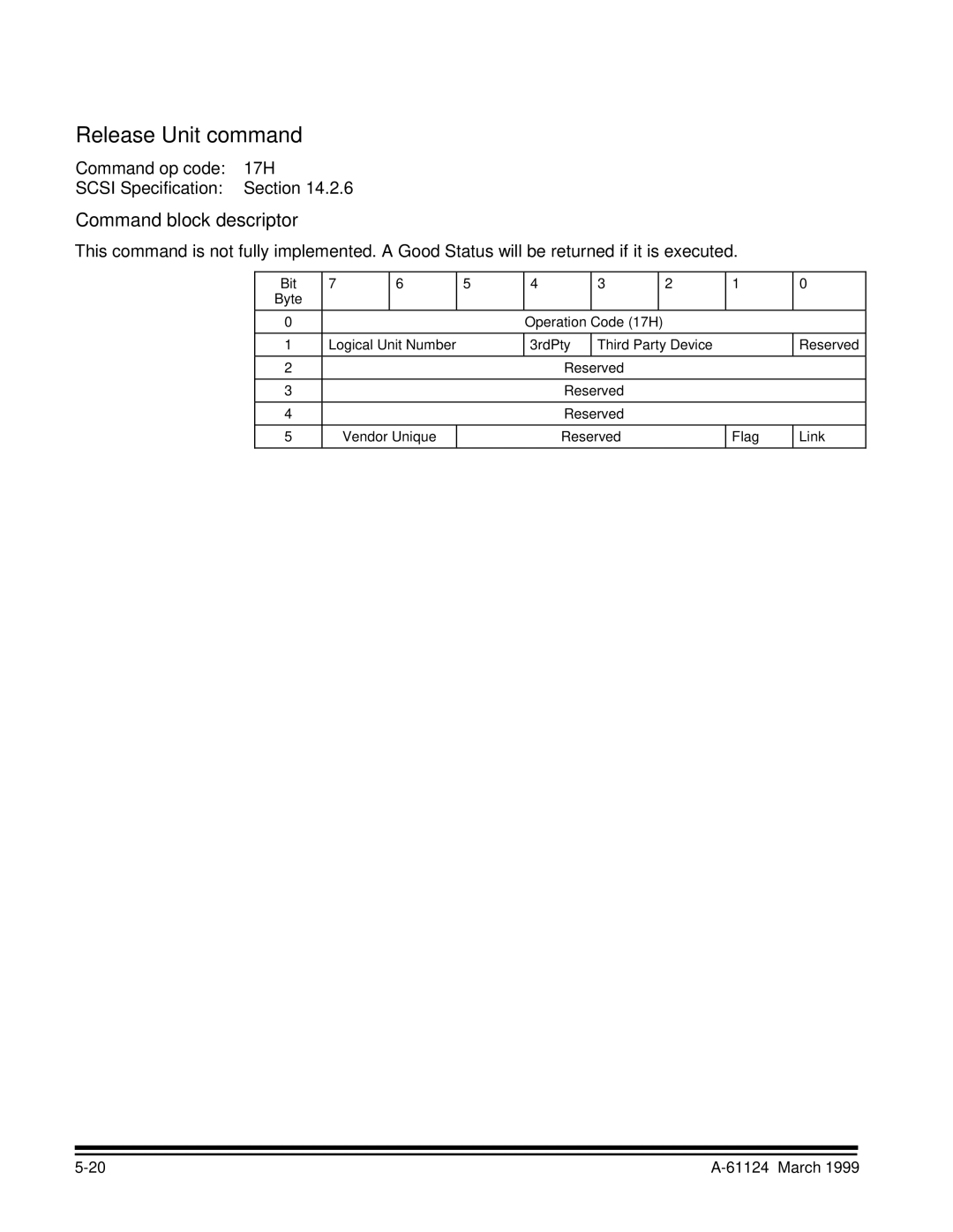 Kodak 9500 manual Release Unit command, Command op code 17H Scsi Specification Section 