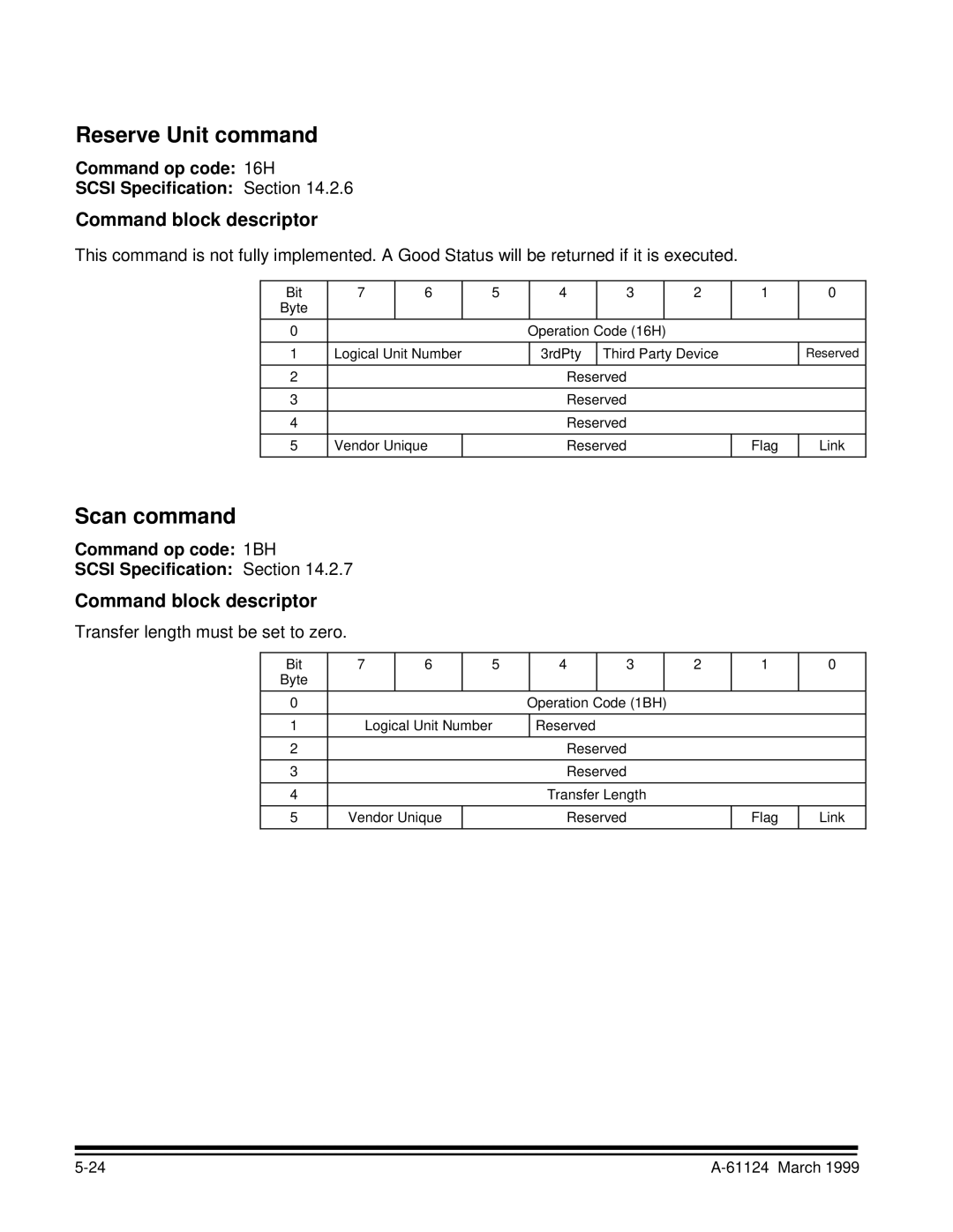 Kodak 9500 manual Reserve Unit command, Scan command, Command op code 16H Scsi Specification Section 