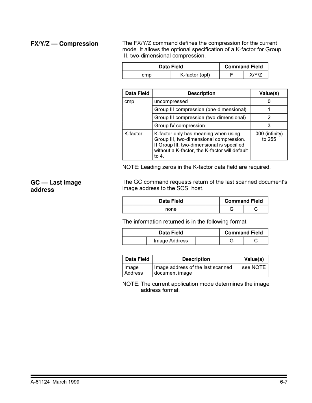 Kodak 9500 manual FX/Y/Z Compression GC Last image address, Information returned is in the following format 