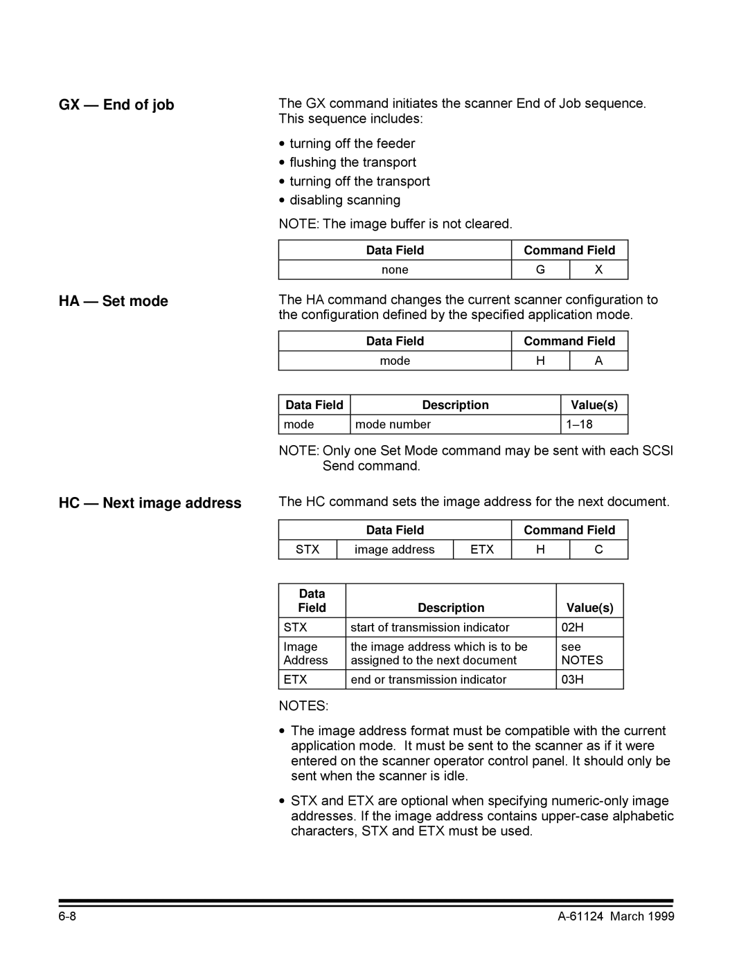 Kodak 9500 manual GX End of job HA Set mode HC Next image address, HC command sets the image address for the next document 