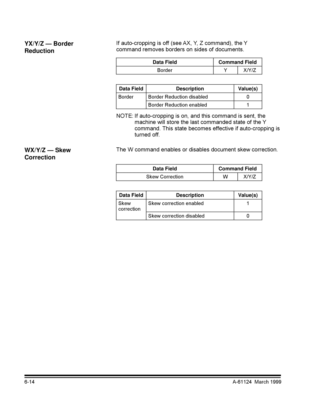 Kodak 9500 manual YX/Y/Z Border Reduction WX/Y/Z Skew Correction, W command enables or disables document skew correction 