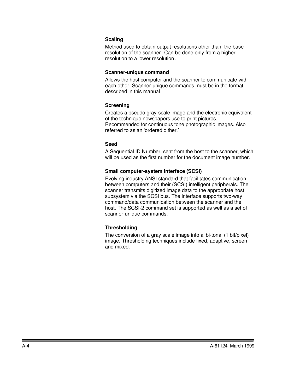 Kodak 9500 manual Scaling, Scanner-unique command, Screening, Seed, Small computer-system interface Scsi, Thresholding 