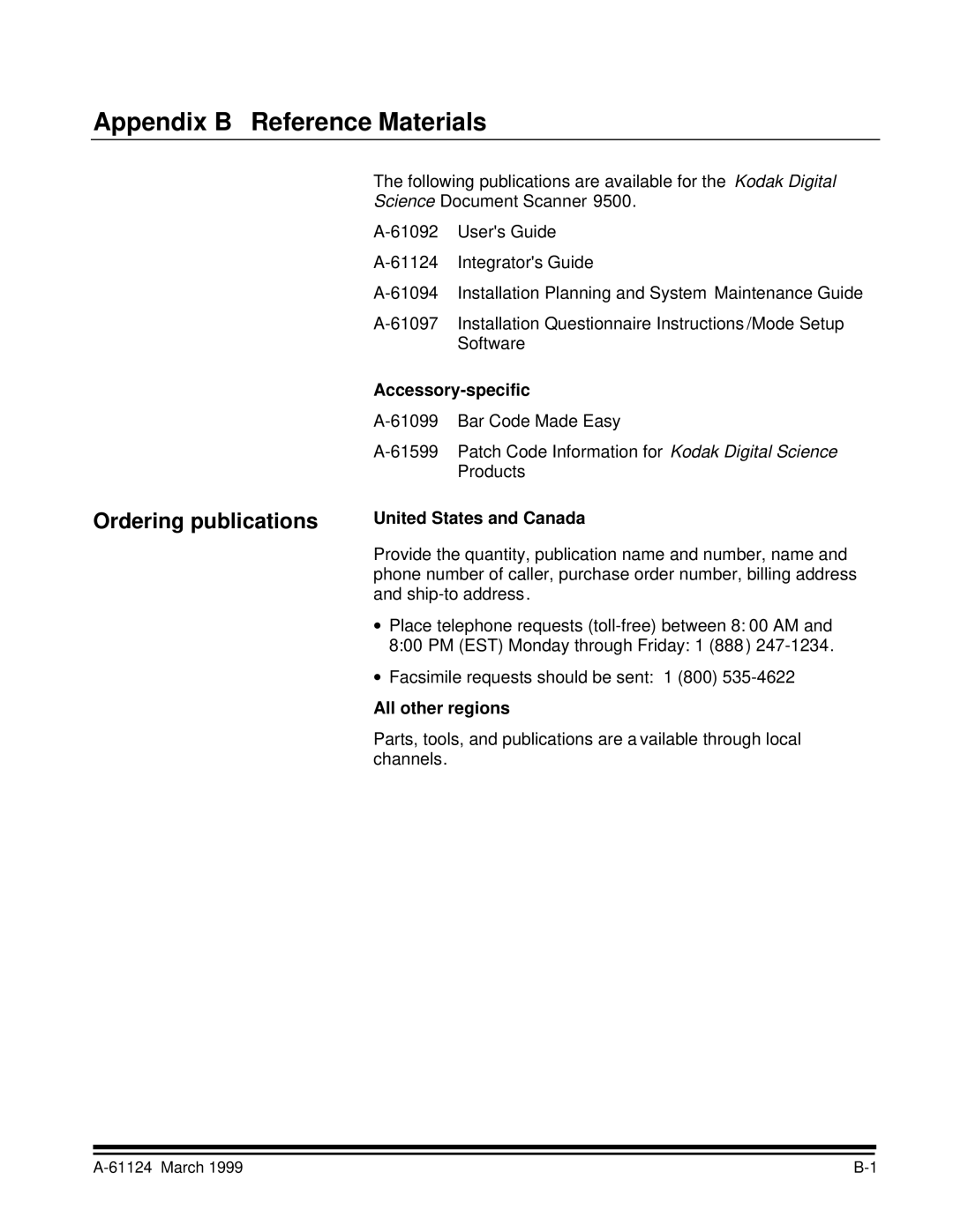 Kodak 9500 manual Appendix B Reference Materials, Ordering publications, Accessory-specific, United States and Canada 